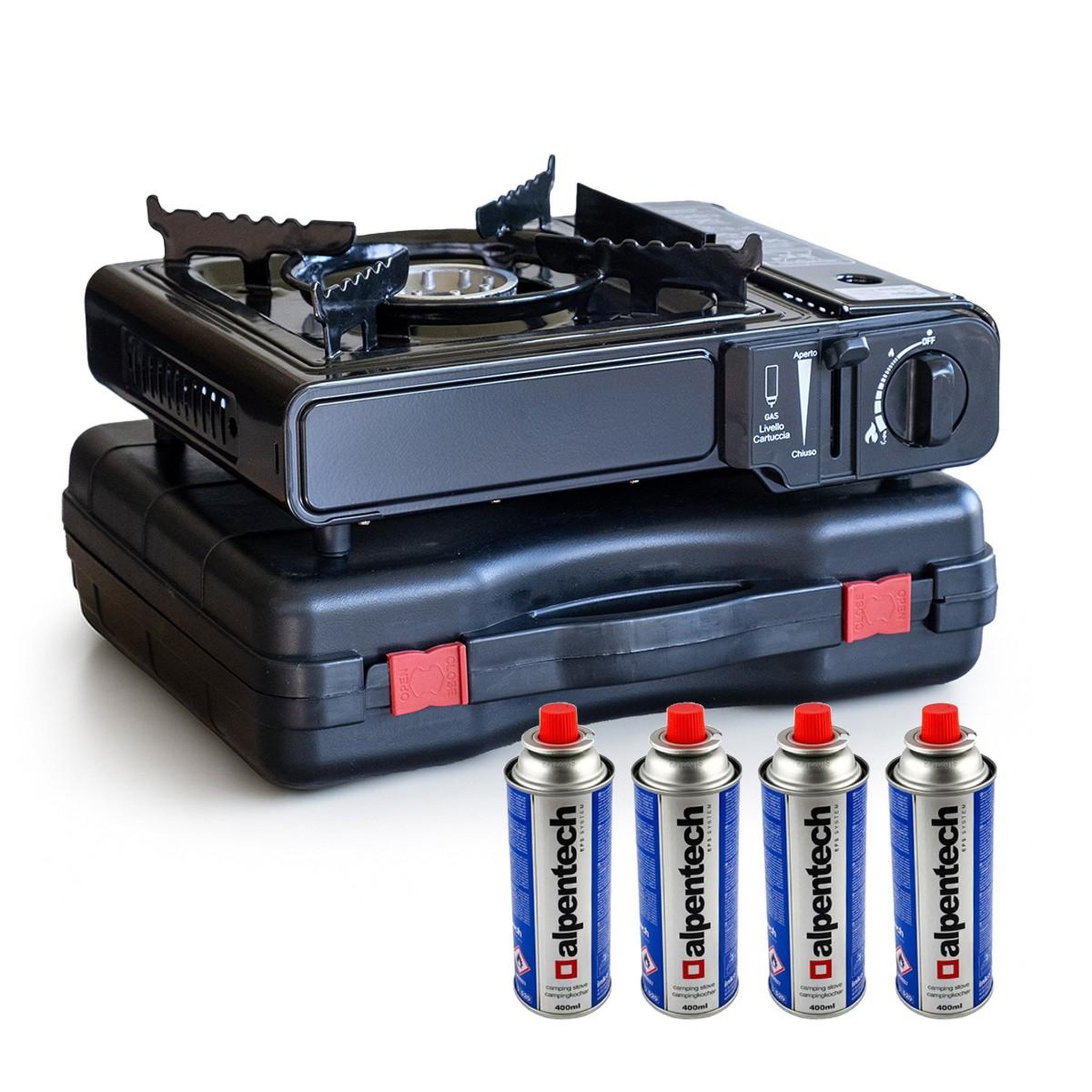 Voir la diapositive 1 : BRIXO Réchaud à gaz portable + 4 cartouches de gaz camping + mallette incluse