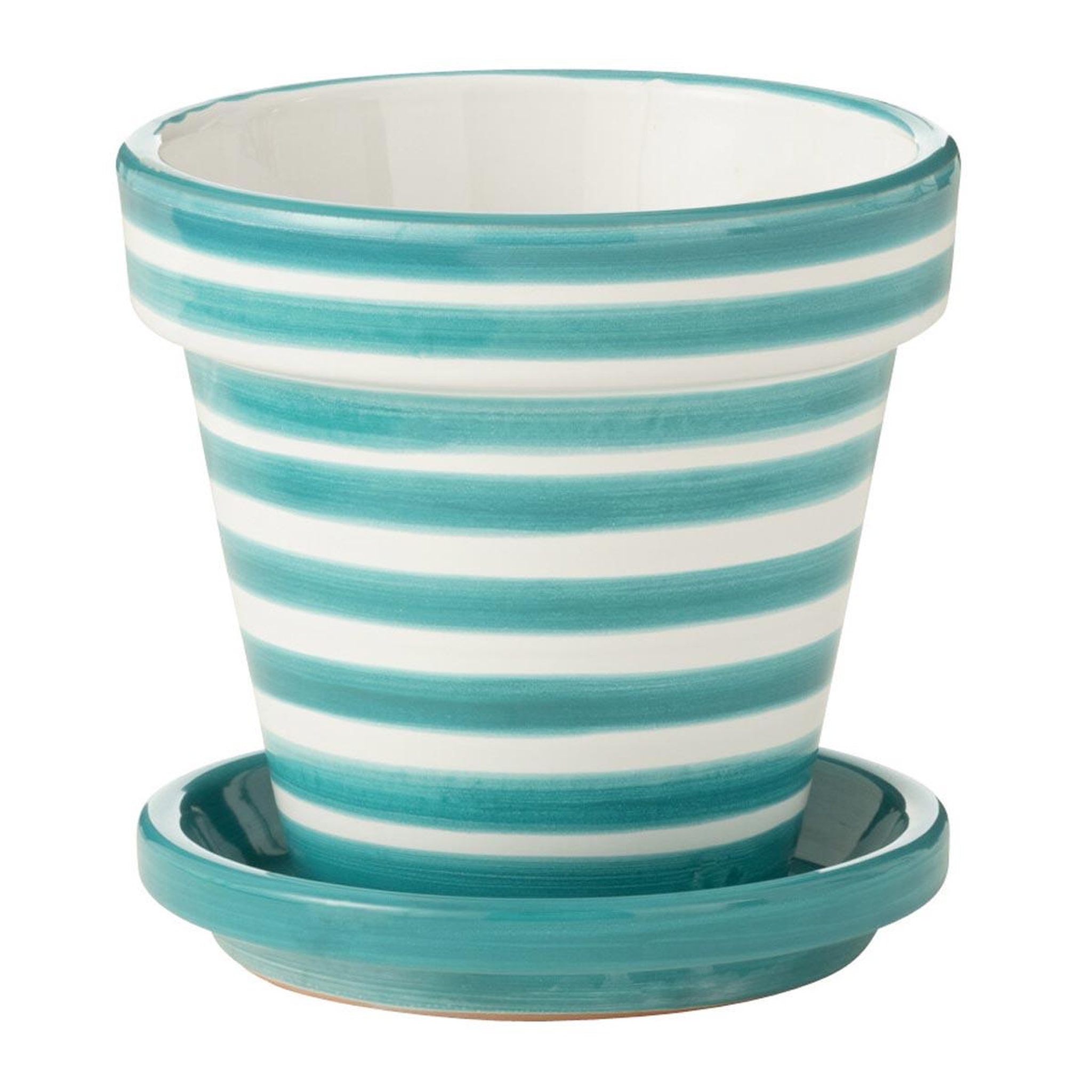 J-LINE Pot avec soucoupe en céramique  granada rayure  21cm bleu aqua