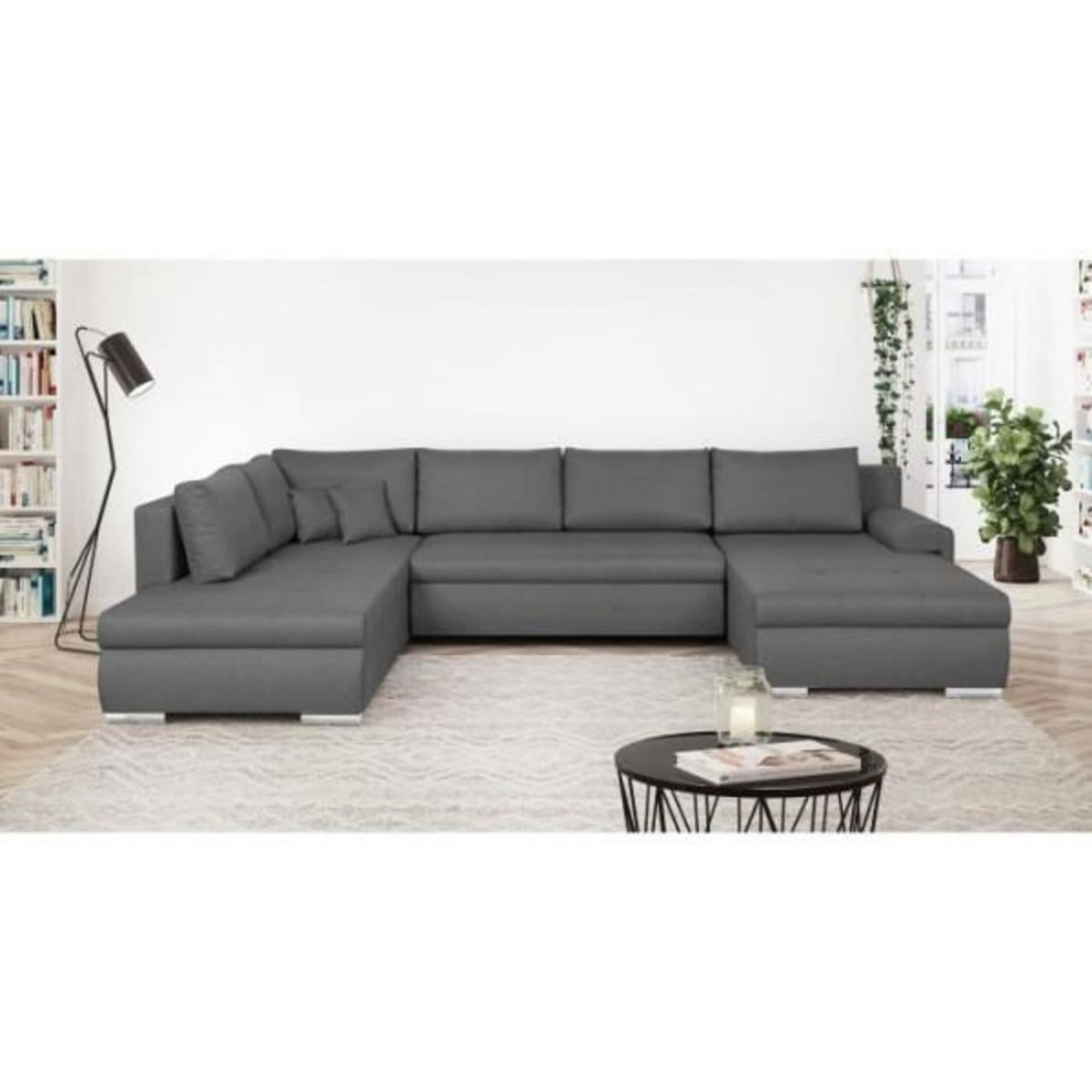 MARKET24 Canapé d'angle panoramique convertible - 7 places - INDIAN - Tissu 100% polyester - Gris - L360 x P228 cm