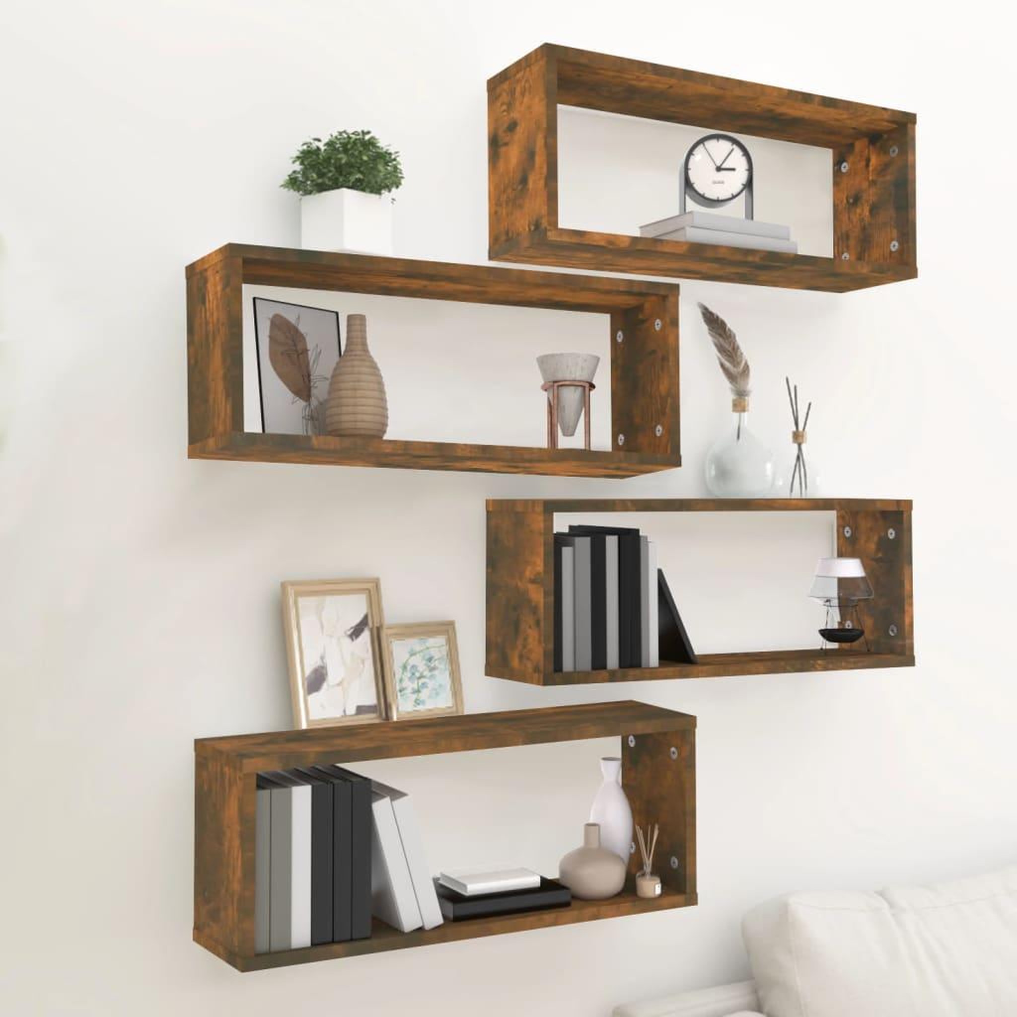 Voir la diapositive 1 : VIDAXL Etageres murales cube 4 pcs Chene fume 60x15x23 cm Bois