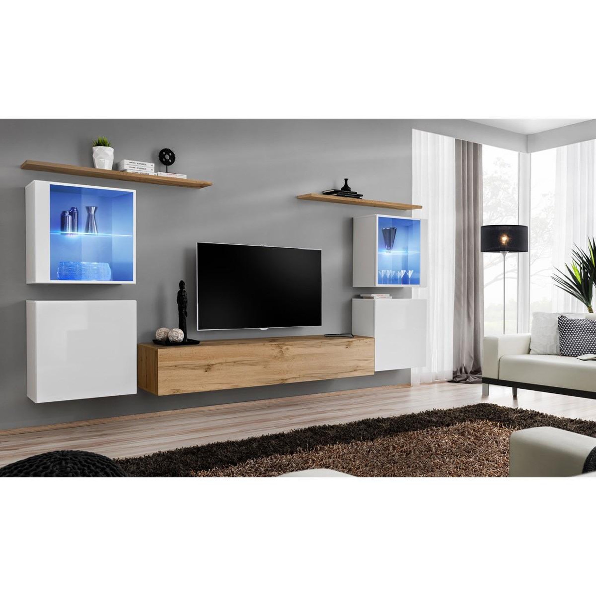 Voir la diapositive 2 : Paris Prix Meuble tv mural design  switch xiv  320cm blanc & naturel
