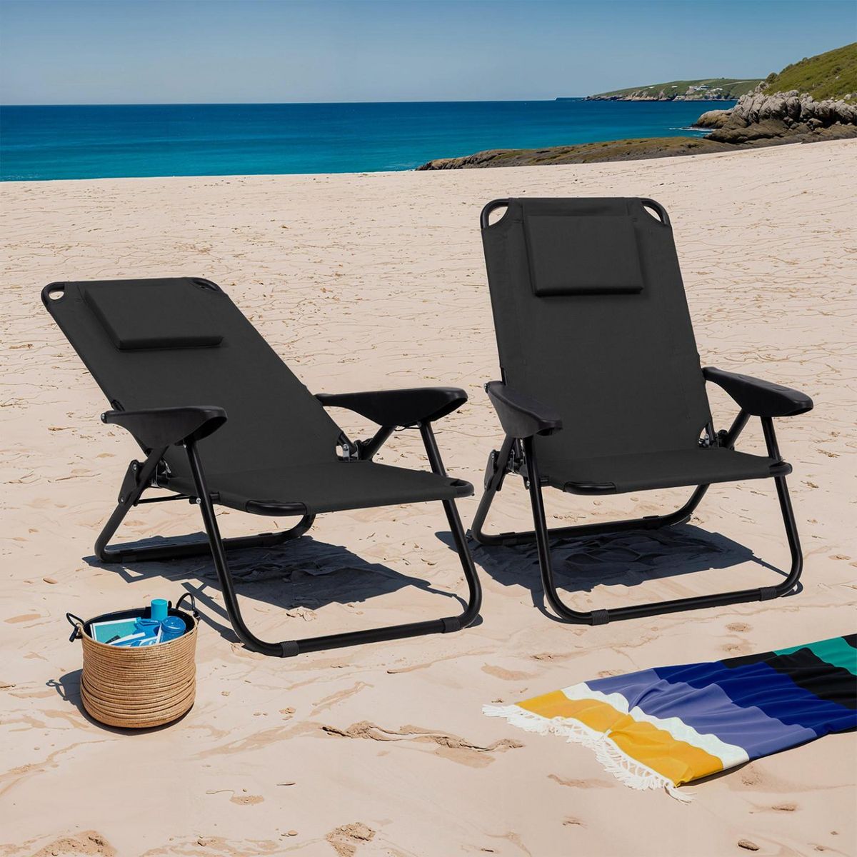 ID MARKET Lot de 2 chaises de plage pliantes - fauteuils de jardin inclinables sac à dos noir et toile noire