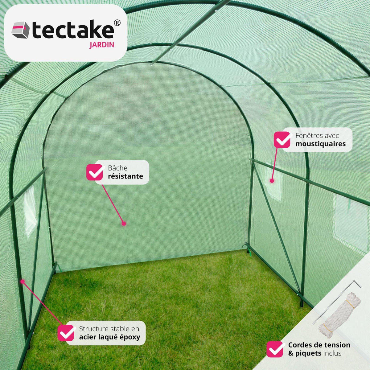tectake Serre tunnel 11,4 m³ en forme de tunnel avec 6 fenêtres vert