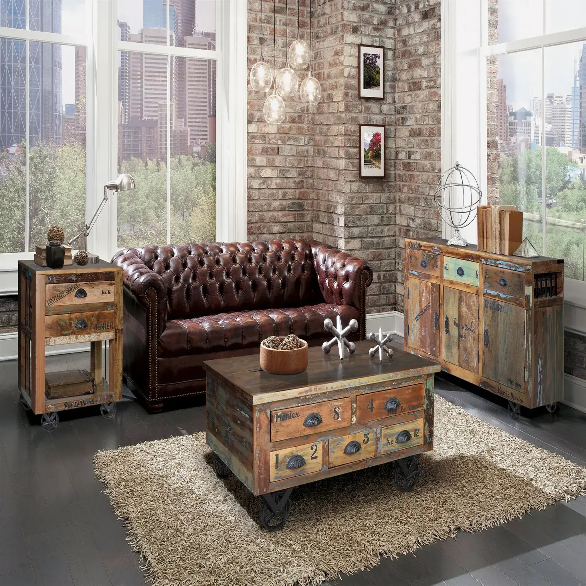 Voir la diapositive 2 : GINER Y COLOMER SL Table basse en bois recyclé 90 cm style vintage moderne