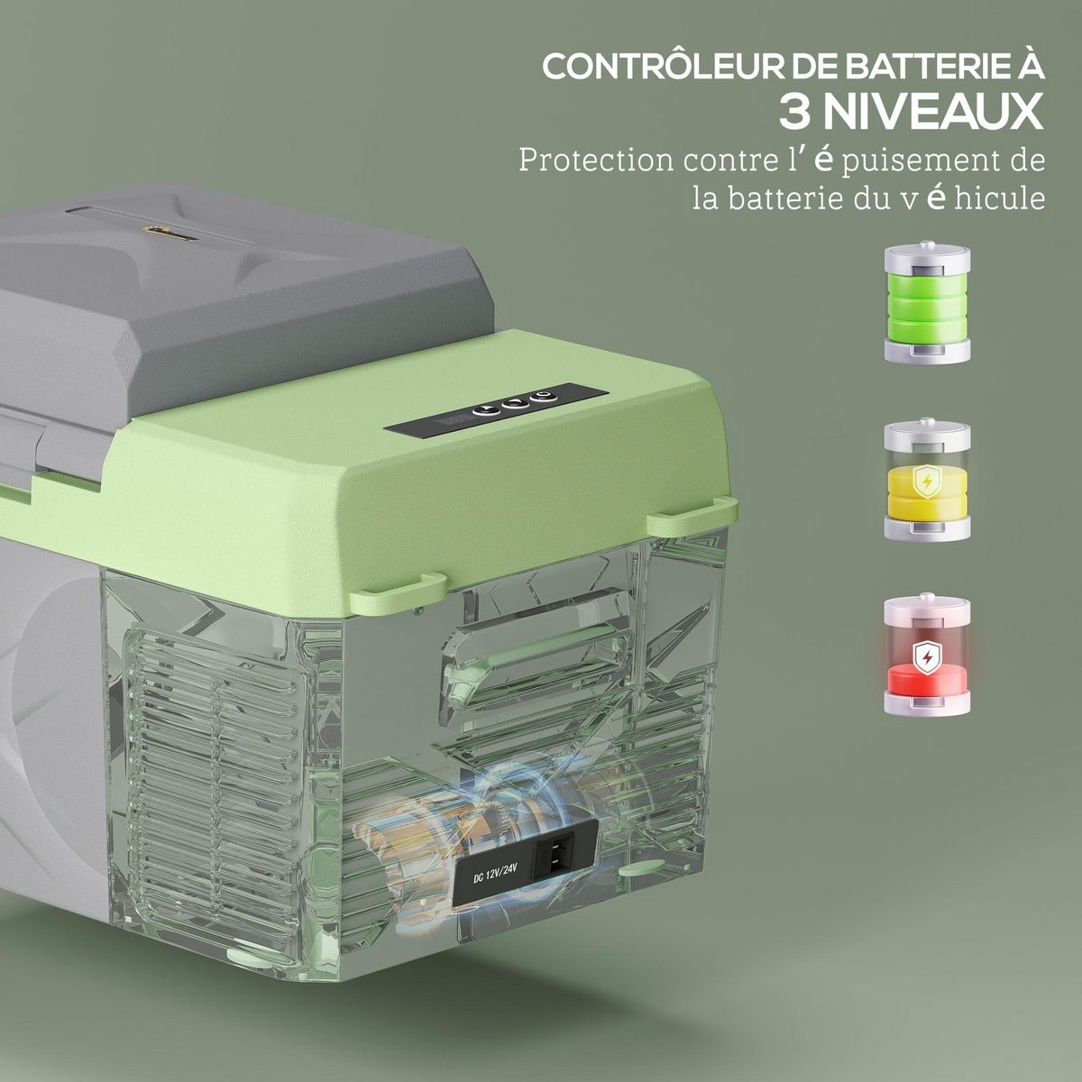 OUTSUNNY Glacière électrique voiture à compression 12L - réfrigérateur voiture congélateur 12/24V 60W max 2 modes gris vert