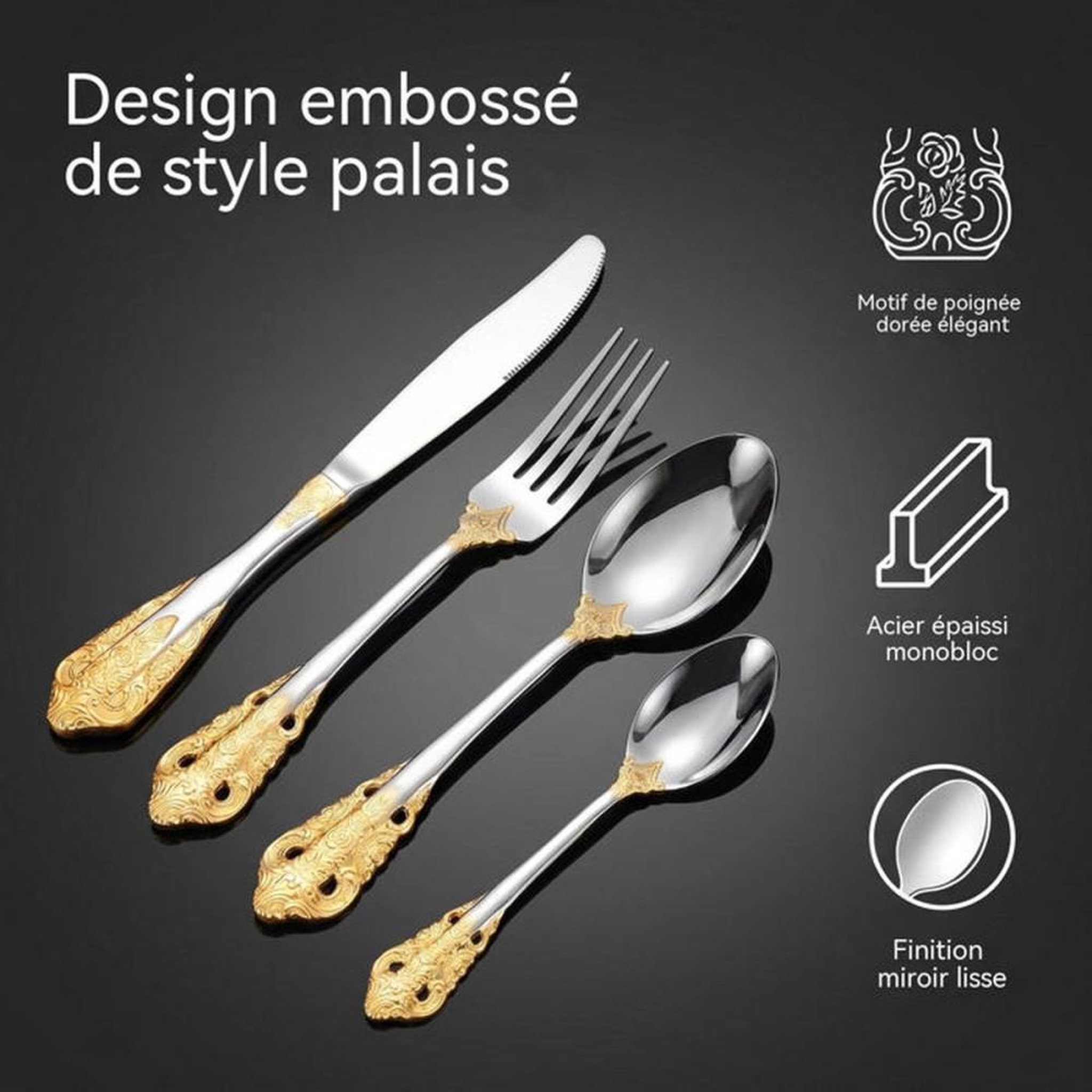 Voir la diapositive 2 : Coffret de couverts vintage impérial 24 pièces en acier inox, finitions dorées et reliefs gravés