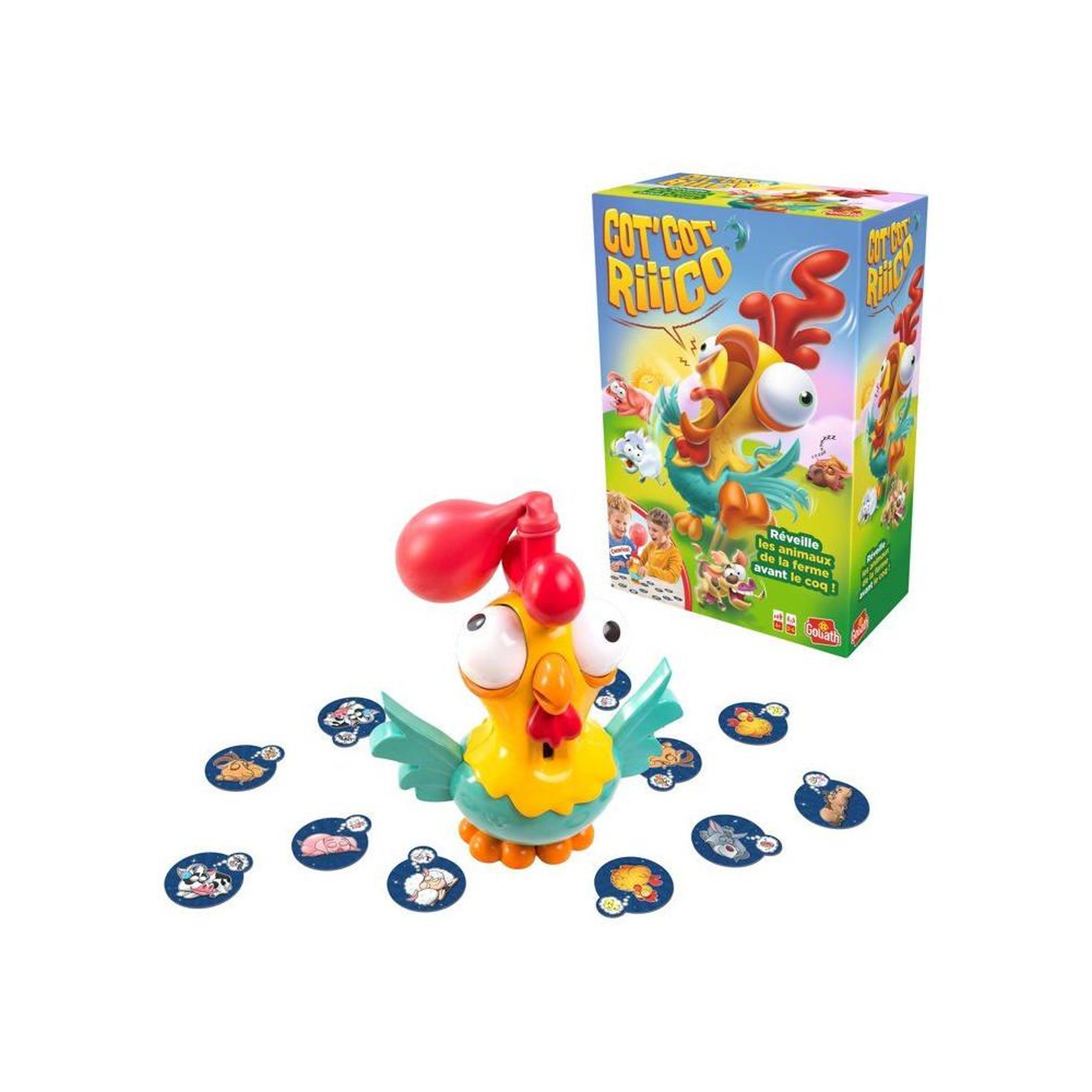 Voir la diapositive 2 : GOLIATH Jeu d'ambiance de société Cot' Cot' Riiico : jeu de plateau fermier à thème poule et animaux, pressez l'aile pour déclencher le chant du coq