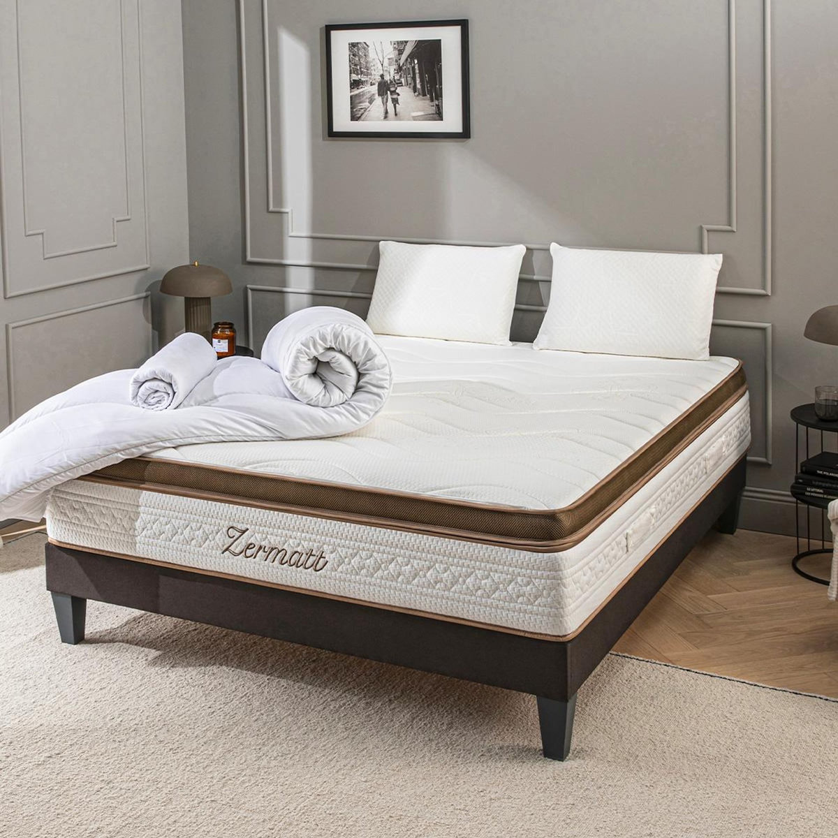 BELLECOUR BELLECOUR LITERIE | Pack Prêt à dormir ZERMATT | Matelas Mémoire de forme + Sommier + Accessoires