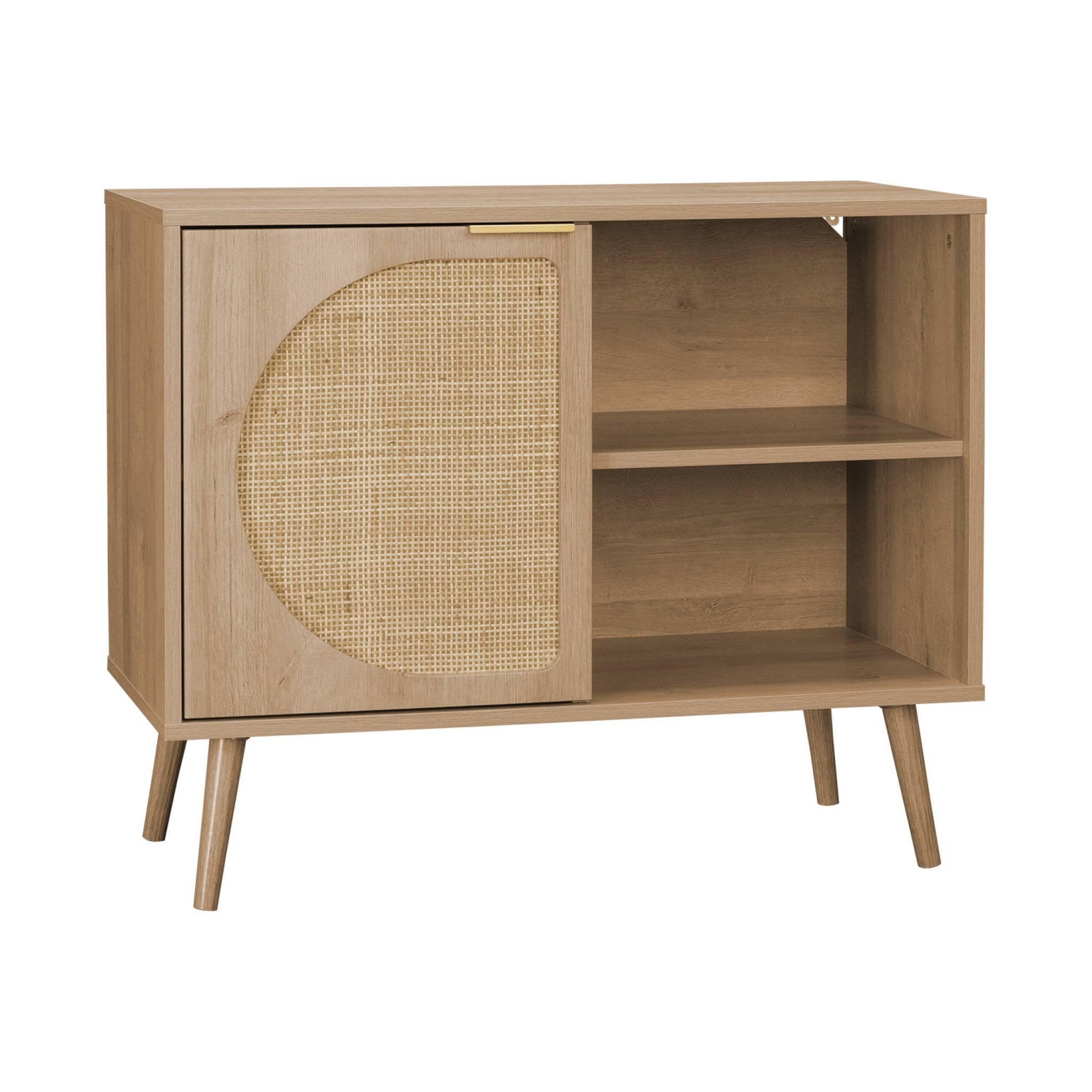 Voir la diapositive 1 : SWEEEK Buffet de rangement décor bois cannage arrondis. Eva. 1 portes réversible. deux niveaux. buffet bas.  L80 x l39 x H65.8cm