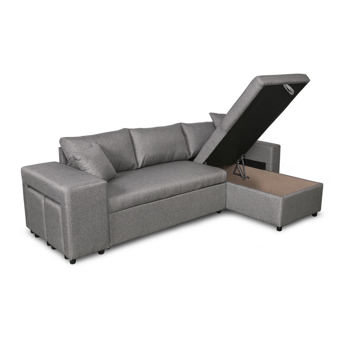  Canapé 3 places d'angle Droit convertible avec coffre Microfibre gris tissu + 2 poufs inclus ANETTA
