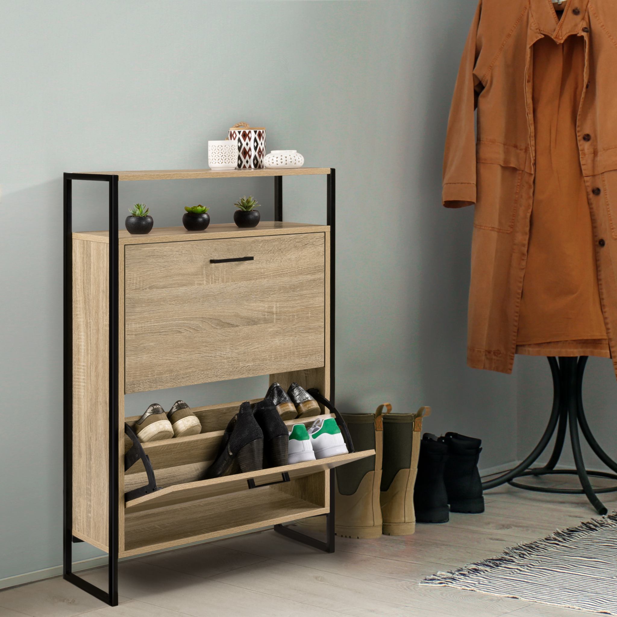 Voir la diapositive 2 : ID MARKET Meuble à chaussures 12 paires luis 2 portes avec étagère supérieure design industriel