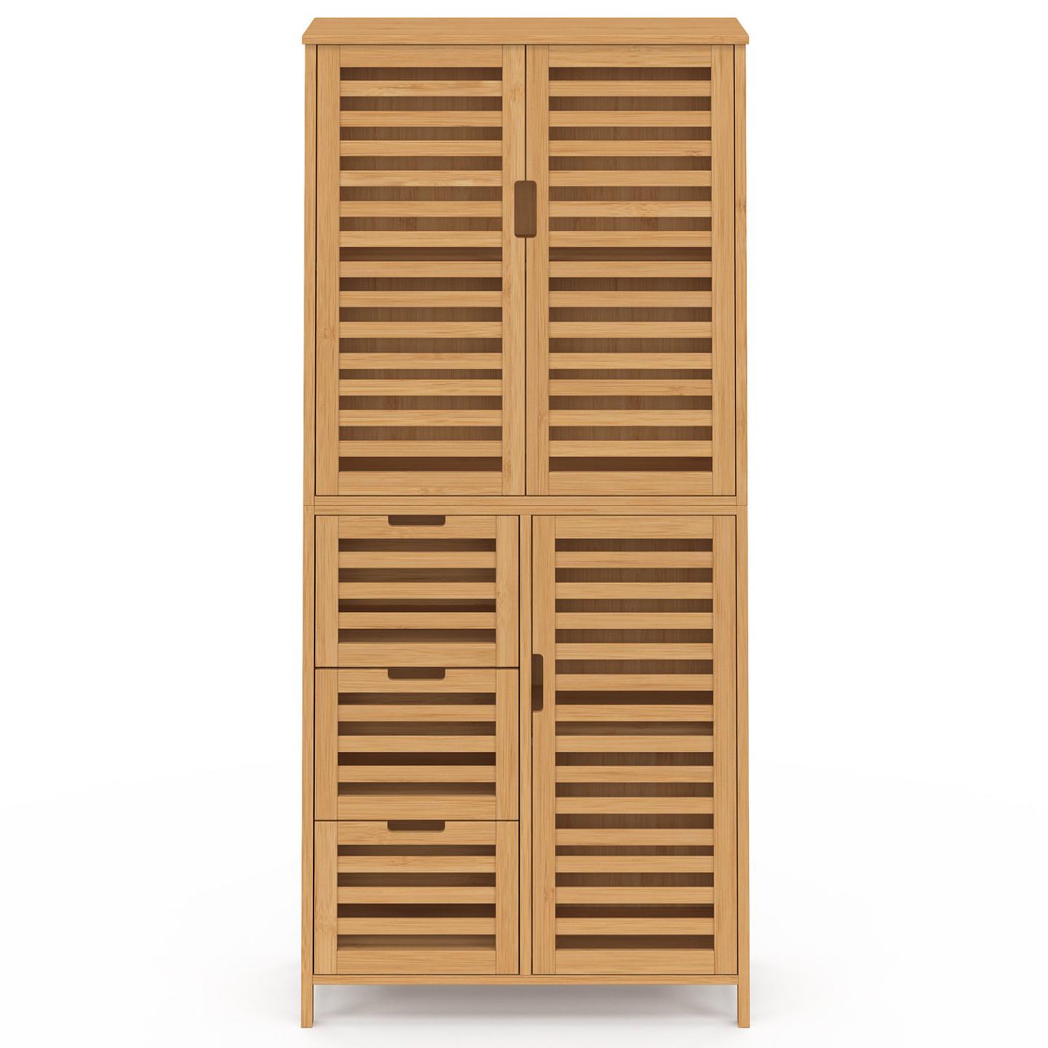 Voir la diapositive 3 : ID MARKET Meuble armoire colonne salle de bain bambou BEA 3 portes et 3 tiroirs