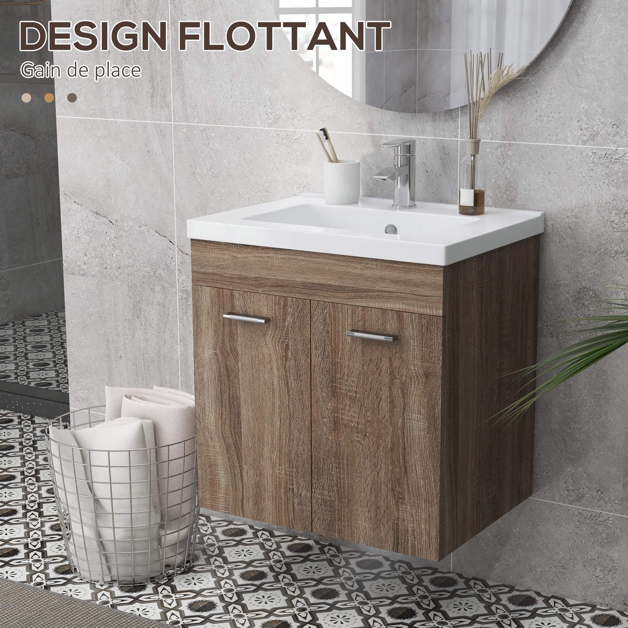 Voir la diapositive 4 : KLEANKIN Meuble sous-vasque suspendu - vasque céramique incluse - 2 portes, étagère - dim. 60L x 45l x 60H cm - aspect bois
