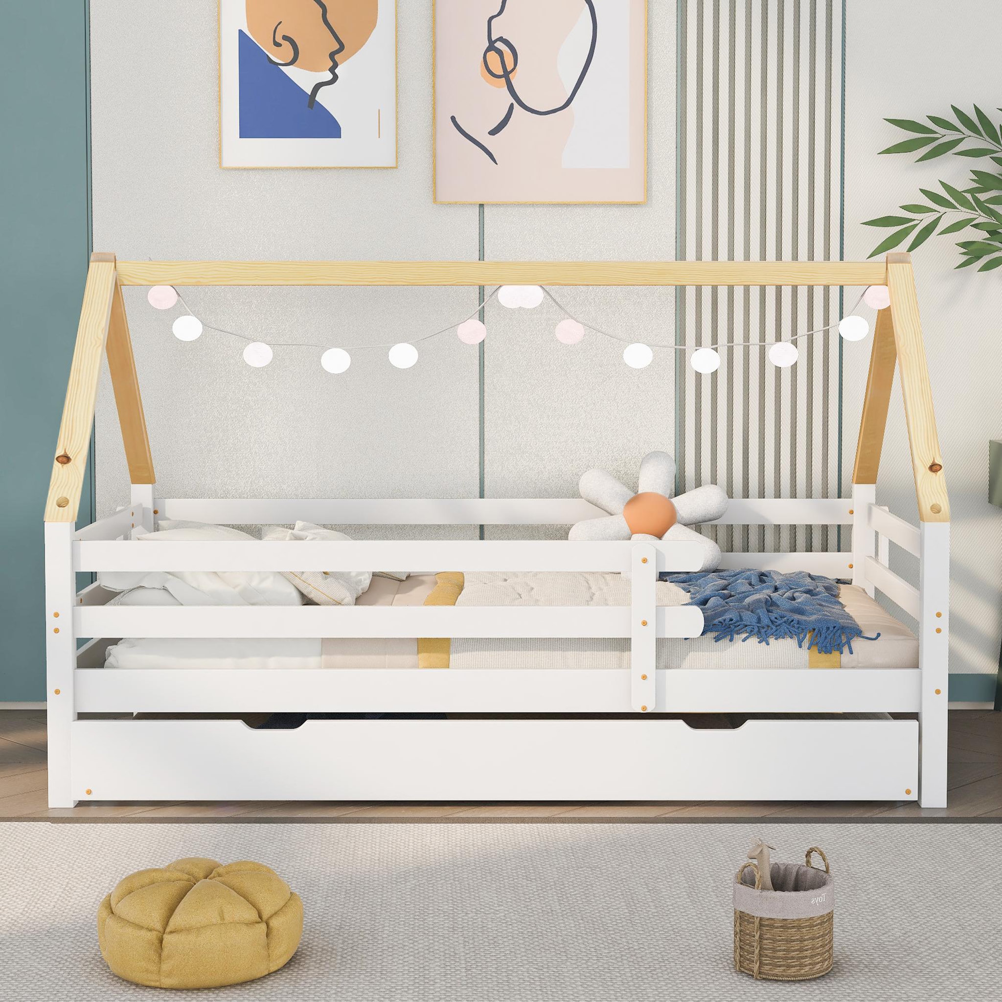 Voir la diapositive 2 : MERAX Lit gigogne 90x200(90x190)cm bois coloris blanc+naturel