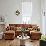 BEST MOBILIER Cyrus - canapé panoramique en u - 7 places - convertible avec coffre - en velours côtelé. Coloris disponibles : Bleu, Orange, Beige, Gris