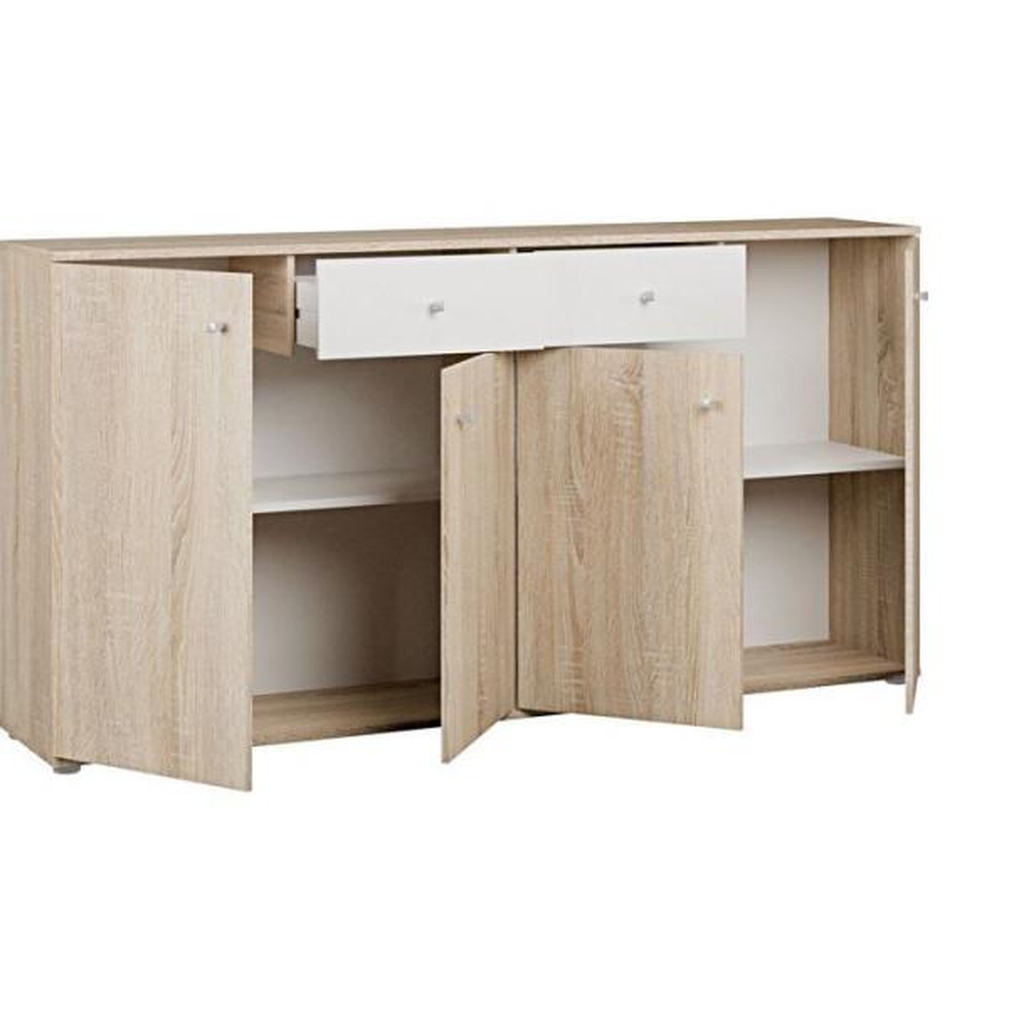 Voir la diapositive 5 : MARKET24 Buffet bas - Décor Chene et blanc mat - 4 portes + 2 tablettes + 2 tiroirs - L 159,2 x P 31,1 x H 81,7 cm