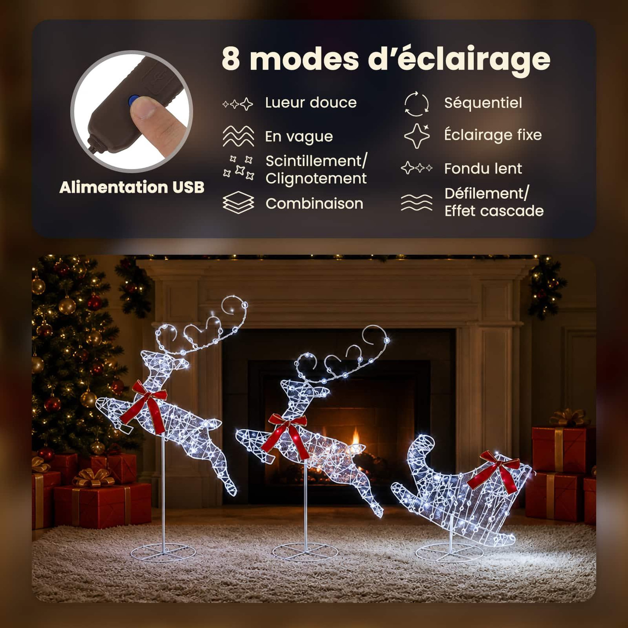 Voir la diapositive 4 : VIDAXL Renne de Noël avec traîneau 3 pc 160 LED Blanc froid