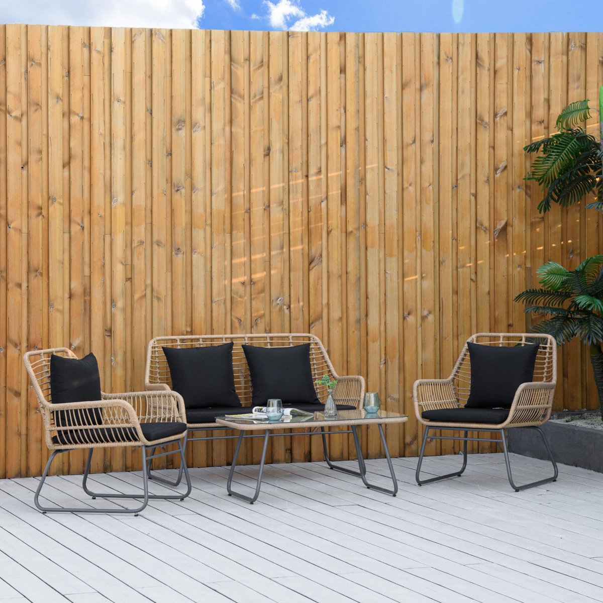 OUTSUNNY Salon de jardin 4 places 4 pièces style exotique métal époxy résine imitation bambou coussins grand confort inclus polyester noir