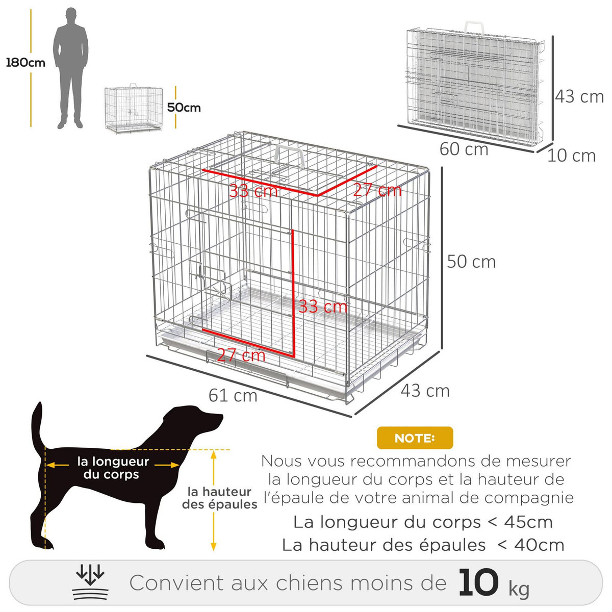 PAWHUT Cage pour chien pliable - plateau excrément coulissant - 2 portes verrouillable, poignée - dim. 61L x 43l x 50H cm - fer galvanisé PP blanc