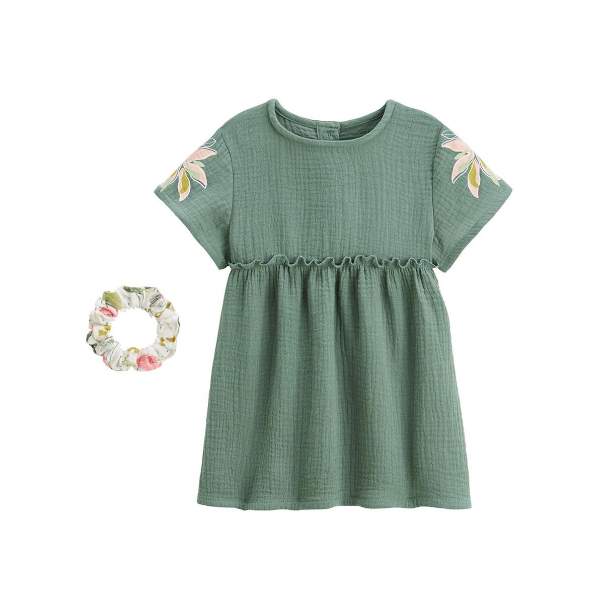 Petit Béguin Robe enfant en gaze de coton + chouchou Pivoina