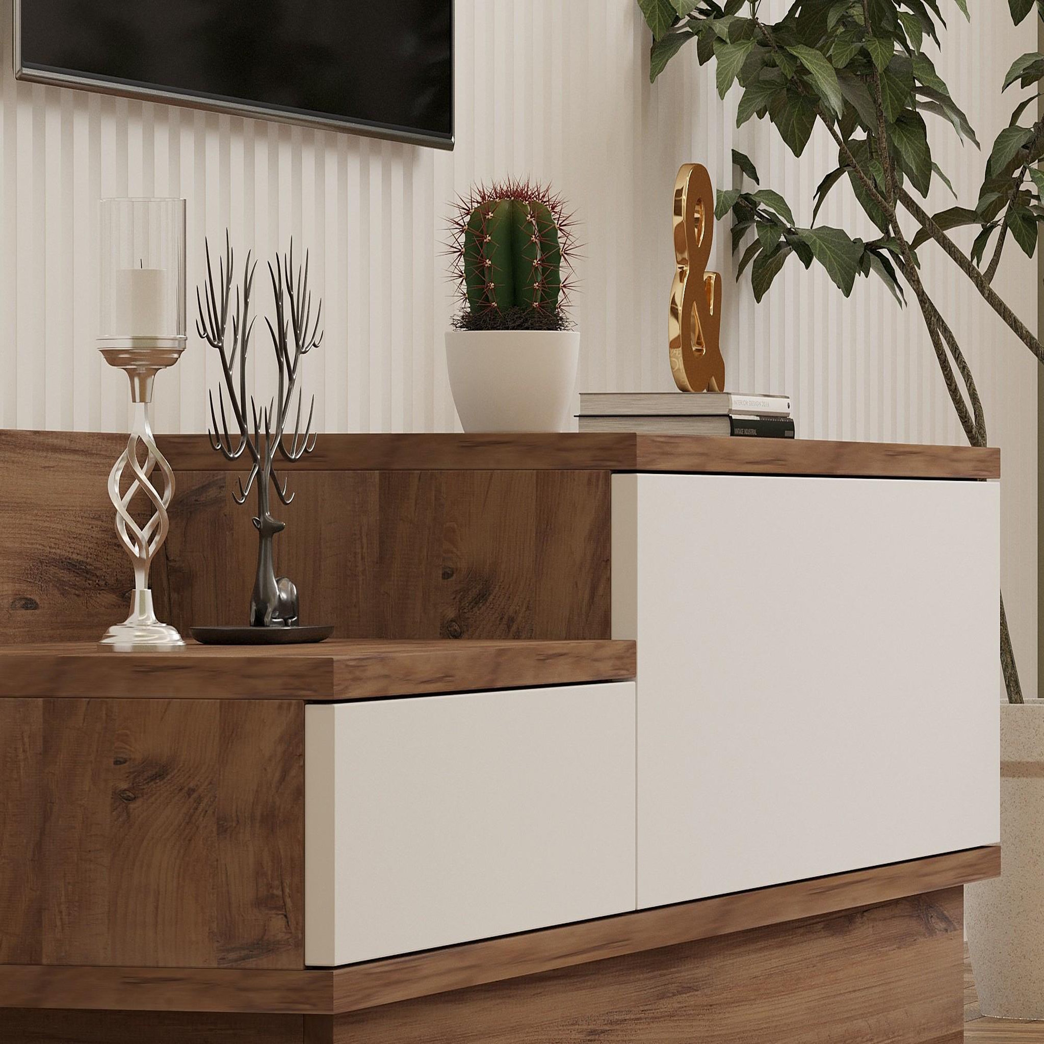 Voir la diapositive 4 : Habitat et Jardin Meuble tv en bois  barko  - 160 x 35 x 35 cm - pin atlantiqueblanc