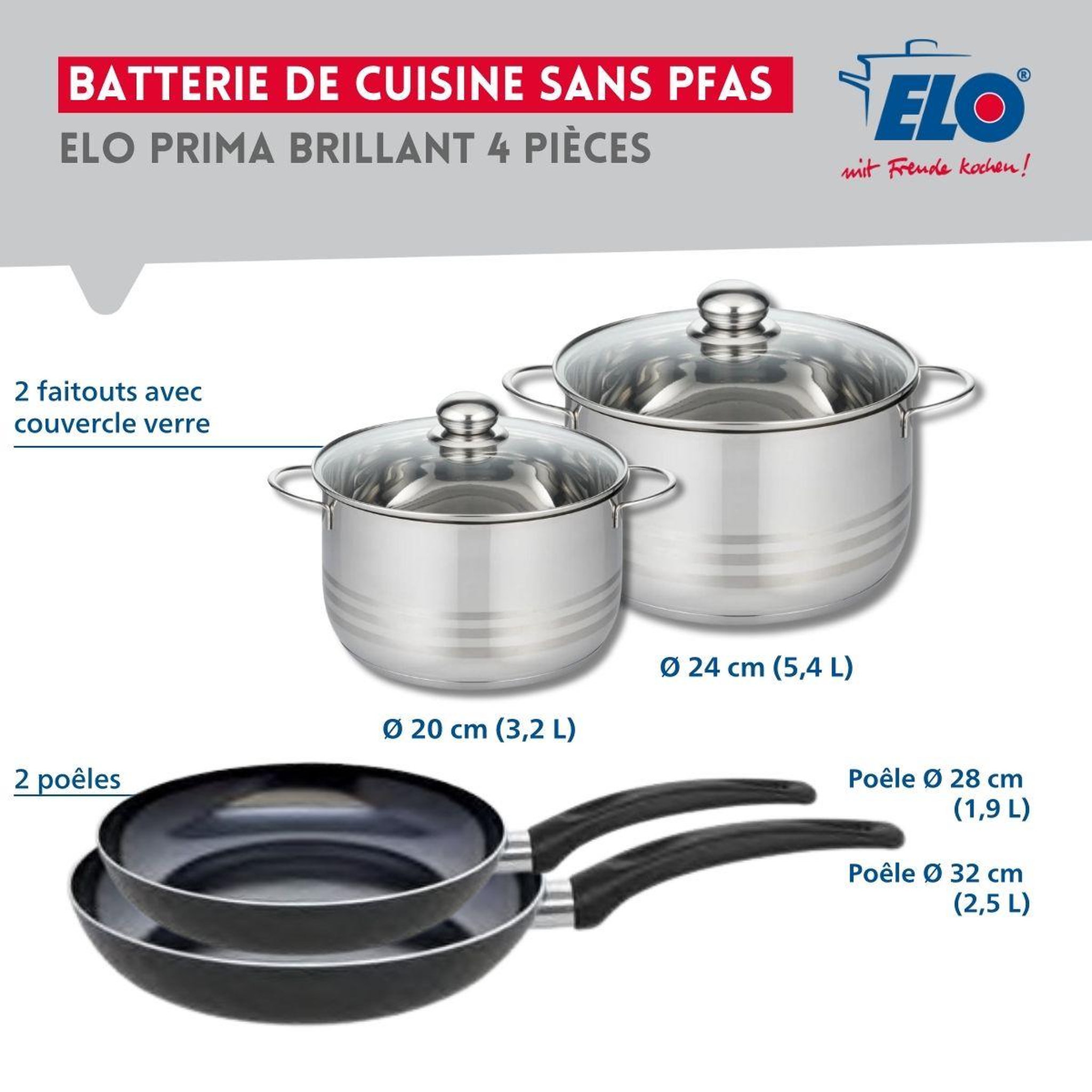 Voir la diapositive 2 : ELO Ensemble de 2 poêles de cuisson 28 et 32 cm et 2 faitouts 20 et 24 cm elo prima brillant