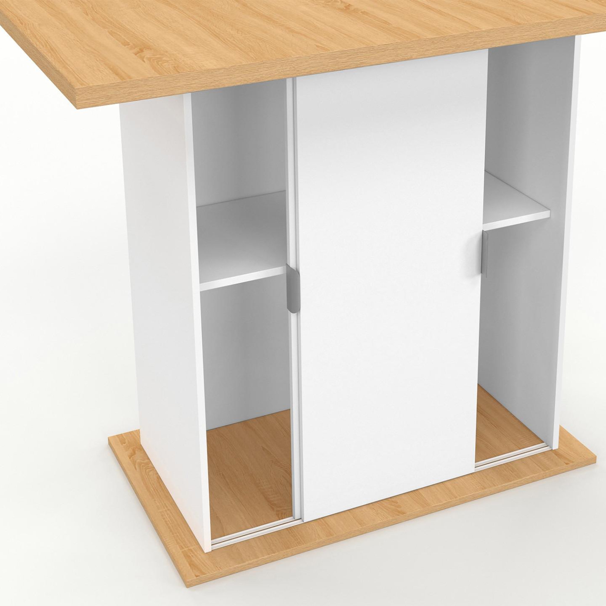 Voir la diapositive 6 : ID MARKET Ilot central 4 personnes paxton 110 cm pied central avec rangement bois blanc avec plan de travail façon hêtre