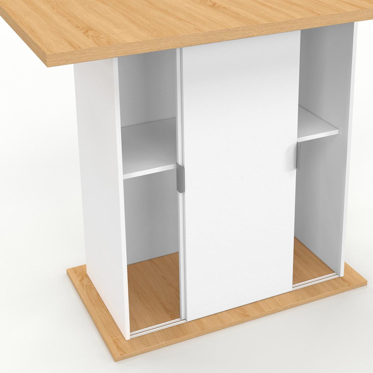 ID MARKET Ilot central 4 personnes PAXTON 110 cm pied central avec rangement bois blanc avec plan de travail façon hêtre