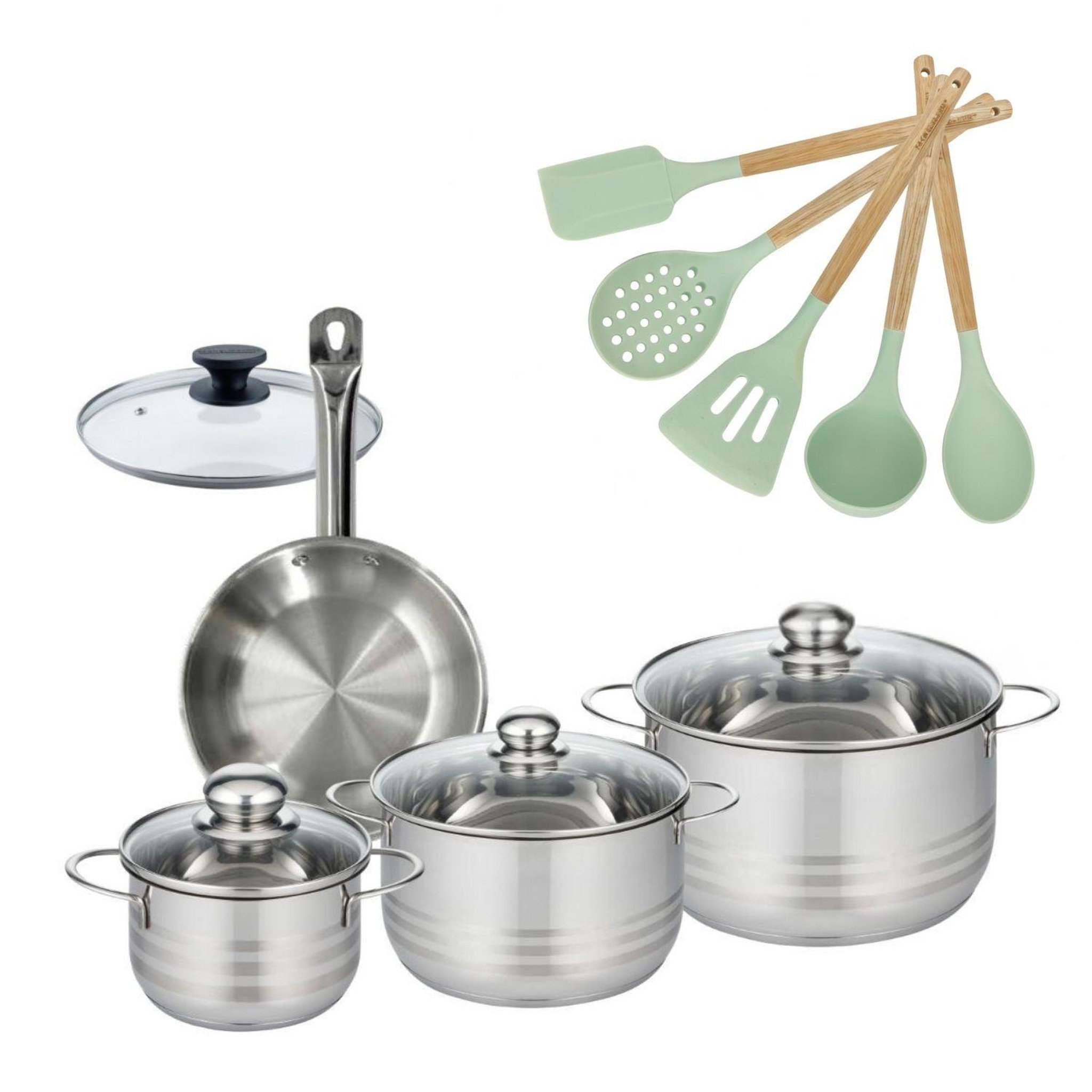 Fackelmann Batterie de cuisine avec 3 faitouts 16/20/24 cm et 1 poêle 20 cm avec 6 ustensiles de cuisine fackelmann etherna brillant fenix océan avec couvercles