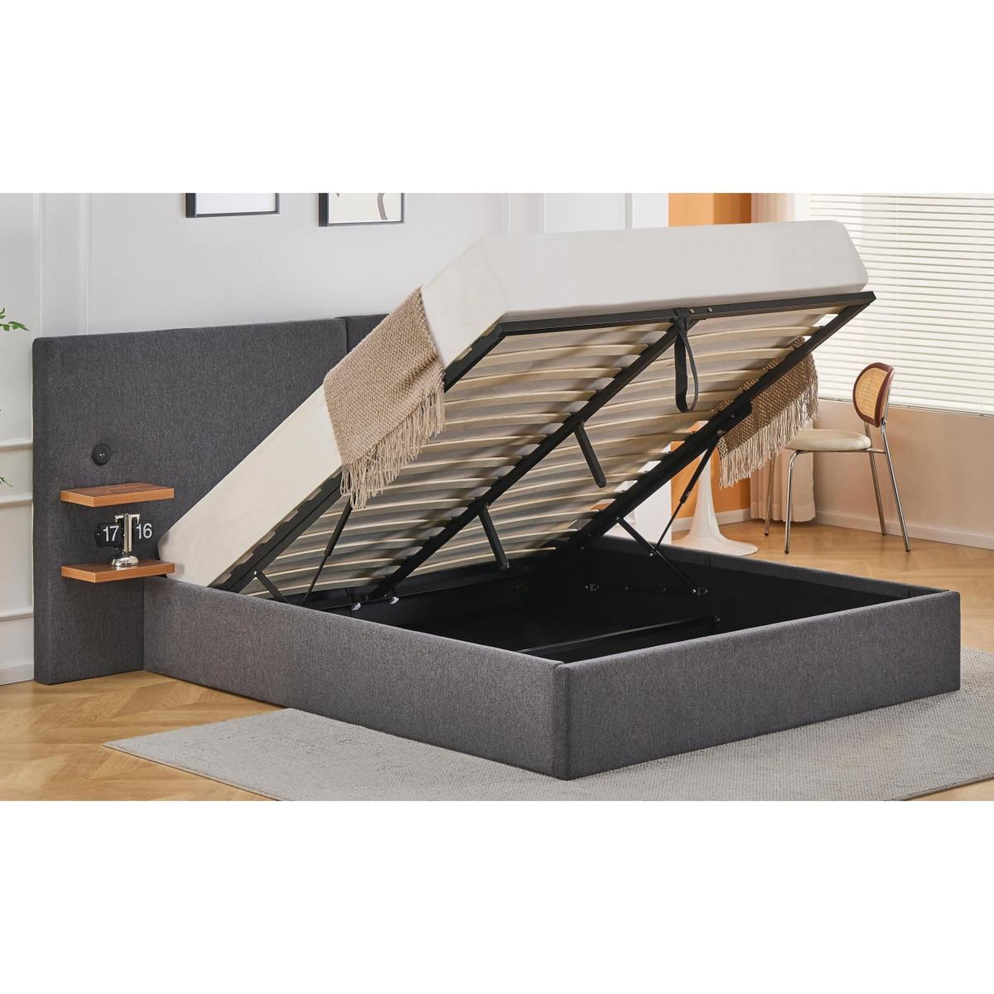 Voir la diapositive 4 : Paris Prix Lit coffre avec tablettes & usb  mike  140x190cm gris