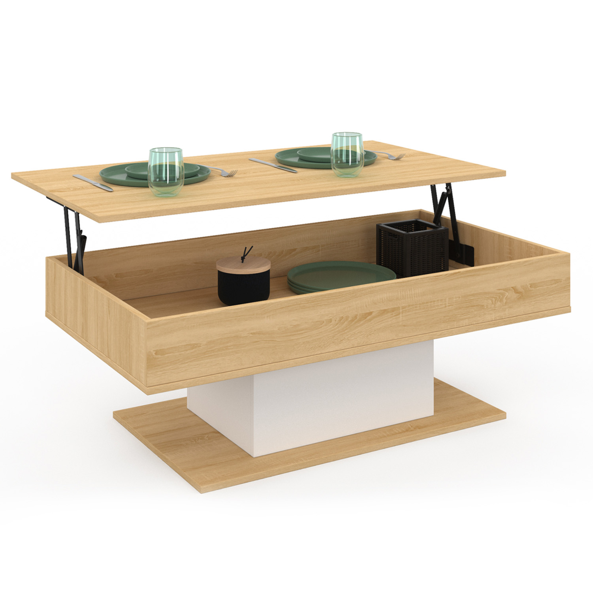 ID MARKET Table basse plateau relevable rectangulaire eden bois et blanc