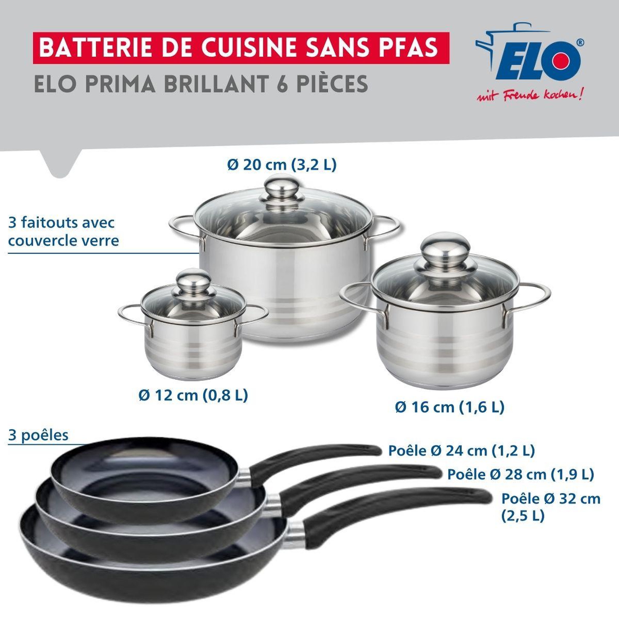 Voir la diapositive 2 : ELO Ensemble de 3 poêles de cuisson 24, 28 et 32 cm et 3 faitouts 12, 16 et 20 cm elo prima brillant