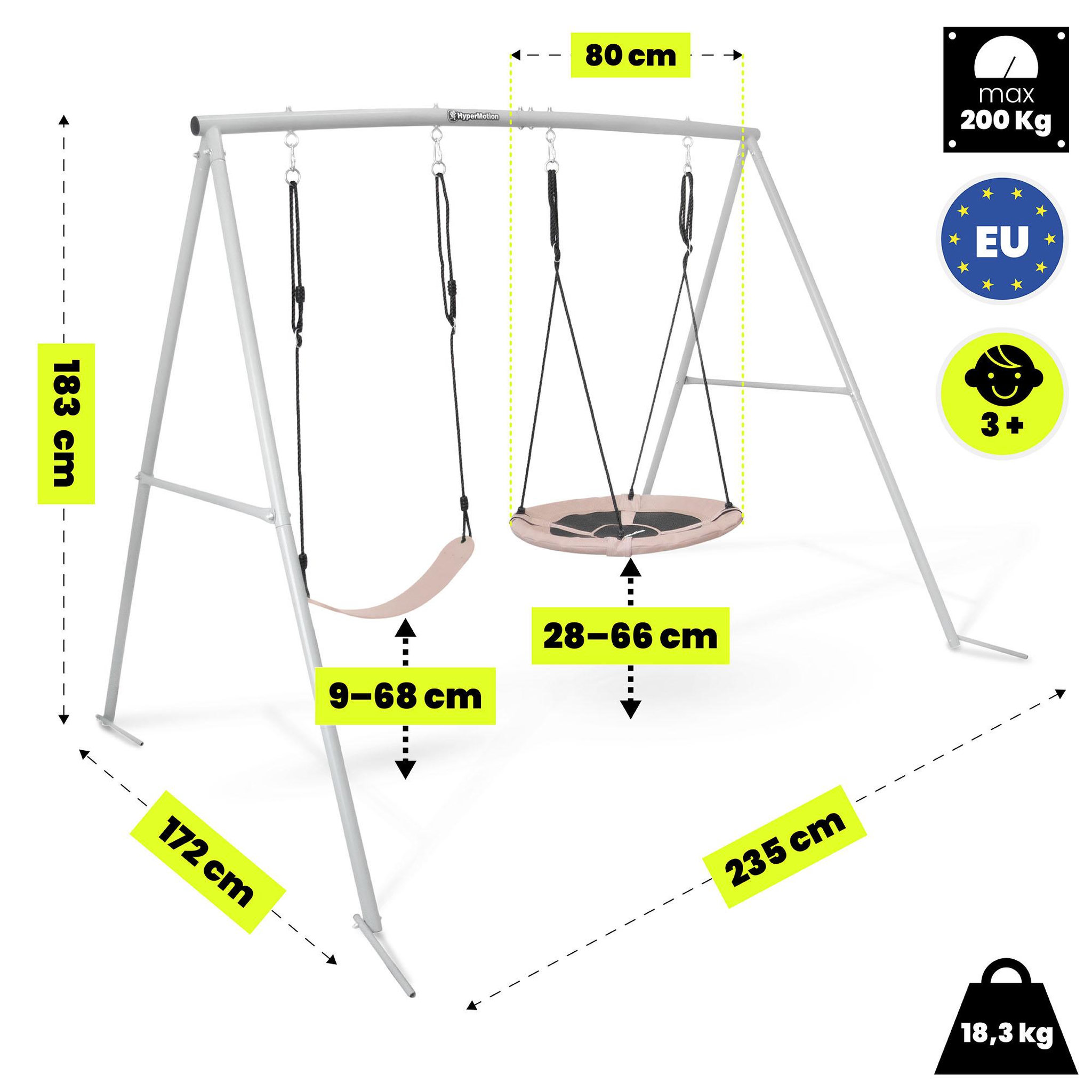 Voir la diapositive 3 : HYPERMOTION Balançoire double HyperMotion 2 en 1 avec nid-de-pie et siège enfant