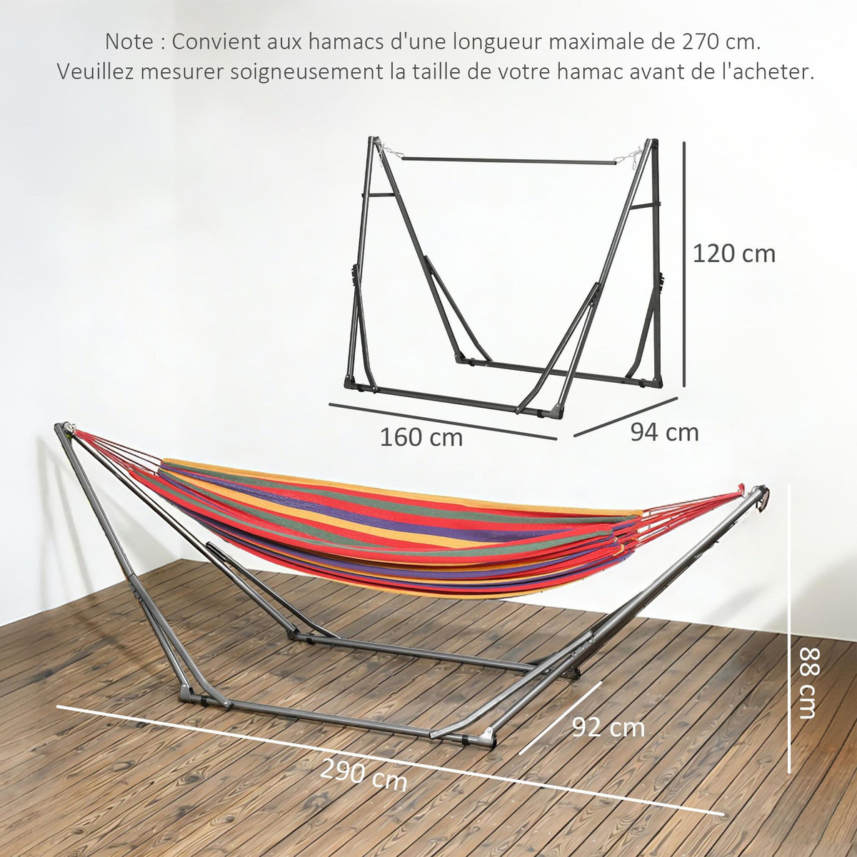 OUTSUNNY Support de hamac pliable et réglable structure en acier noir