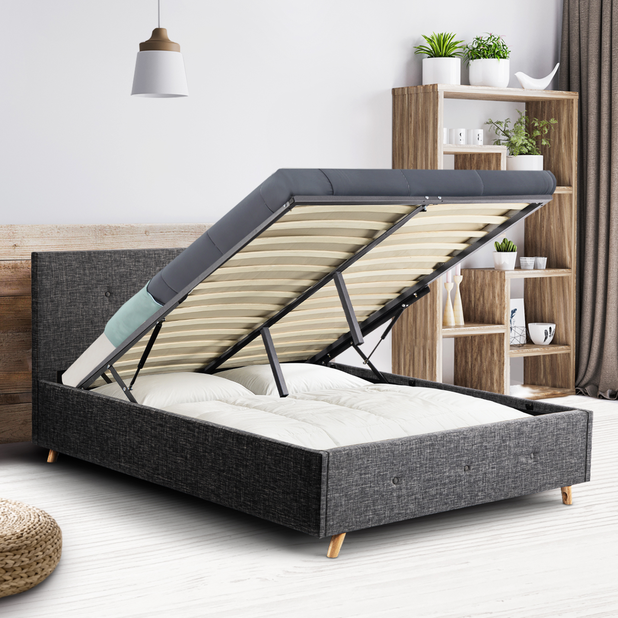 Voir la diapositive 2 : ID MARKET Lit coffre double scandinave lulea avec tête de lit et sommier 140 x 190 cm tissu gris anthracite