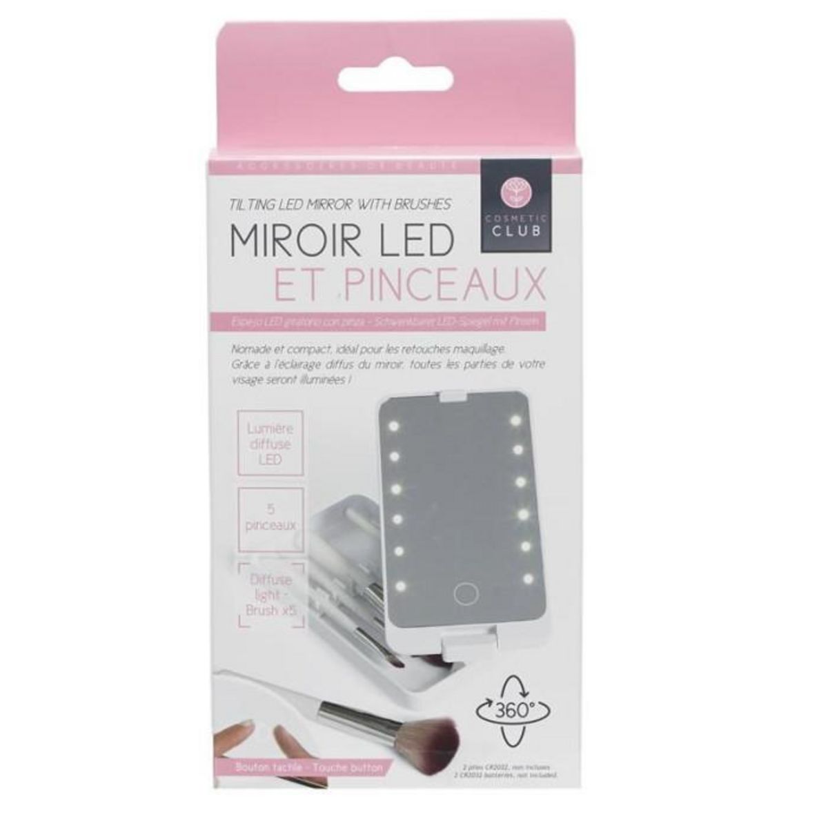 Paris Prix Miroir Led & 5 Pinceaux  Maquillage  16cm Blanc