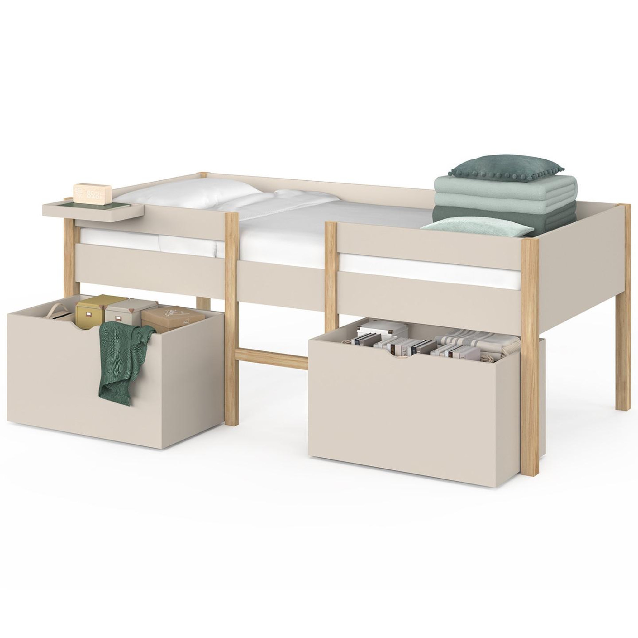 Voir la diapositive 4 : ID MARKET Lit simple surélevé mi-hauteur 90 x 190 cm SERVANE avec sommier, barrières, 2 tiroirs de rangement et tablette beige et bois