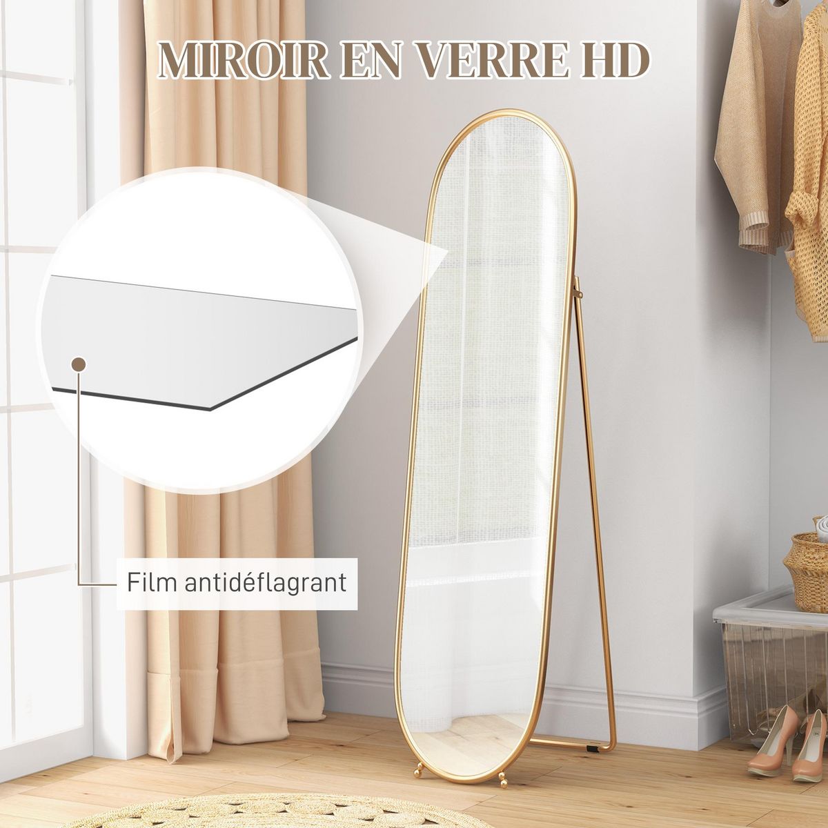 HOMCOM Grand miroir sur pied - miroir mural ovale avec support - dim. 40L x 160H cm - métal doré