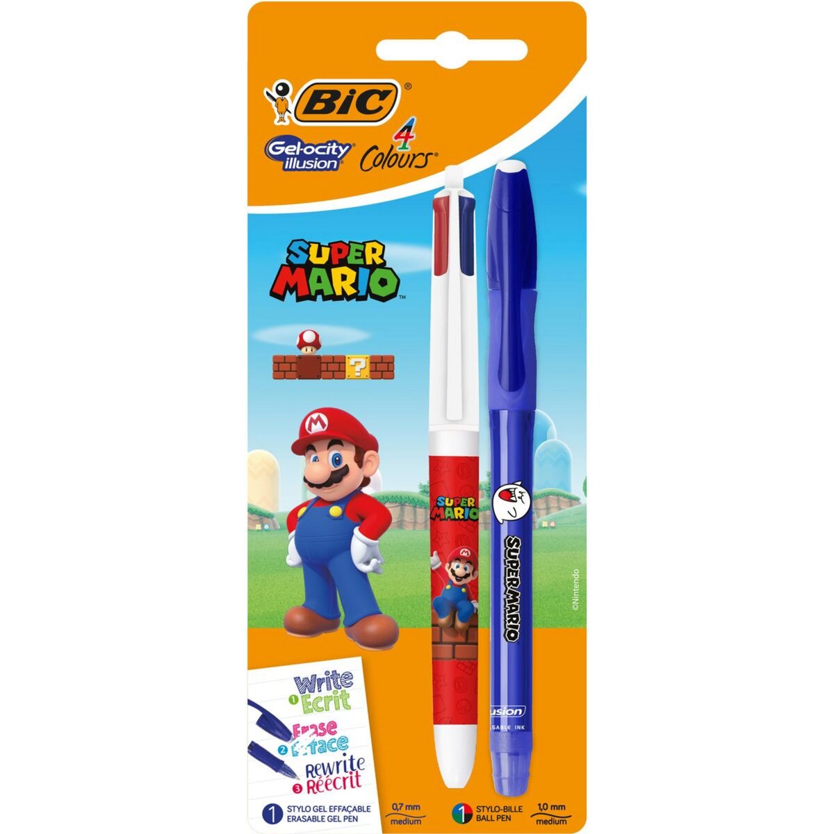 BIC Lot de 1 stylo bille 4 couleurs rétractable pointe moyenne décor Mario  + 1 stylo gel effaçable pointe moyenne Gelocity pas cher 