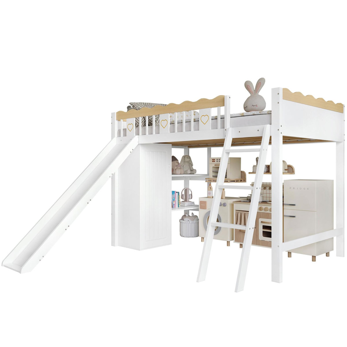 MERAX Lit combiné enfant 90x200cm coloris blanc+naturel pin et mdf