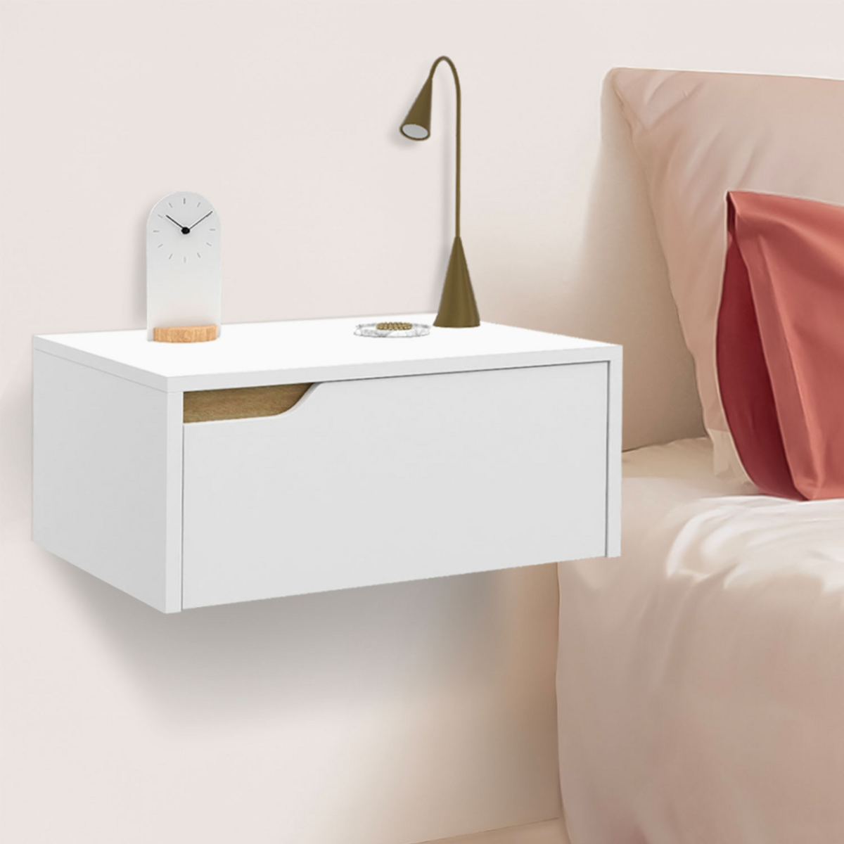 ID MARKET Lot de 2 tables de chevet murales HELSINKI scandinaves 1 tiroir étagère suspendue blanc