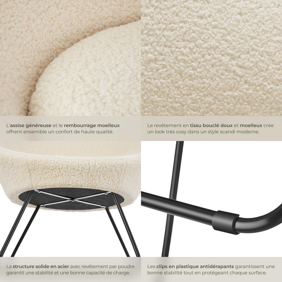 tectake Fauteuil cocktail rembourré avec revêtement en velours Bouclé blanc cassé
