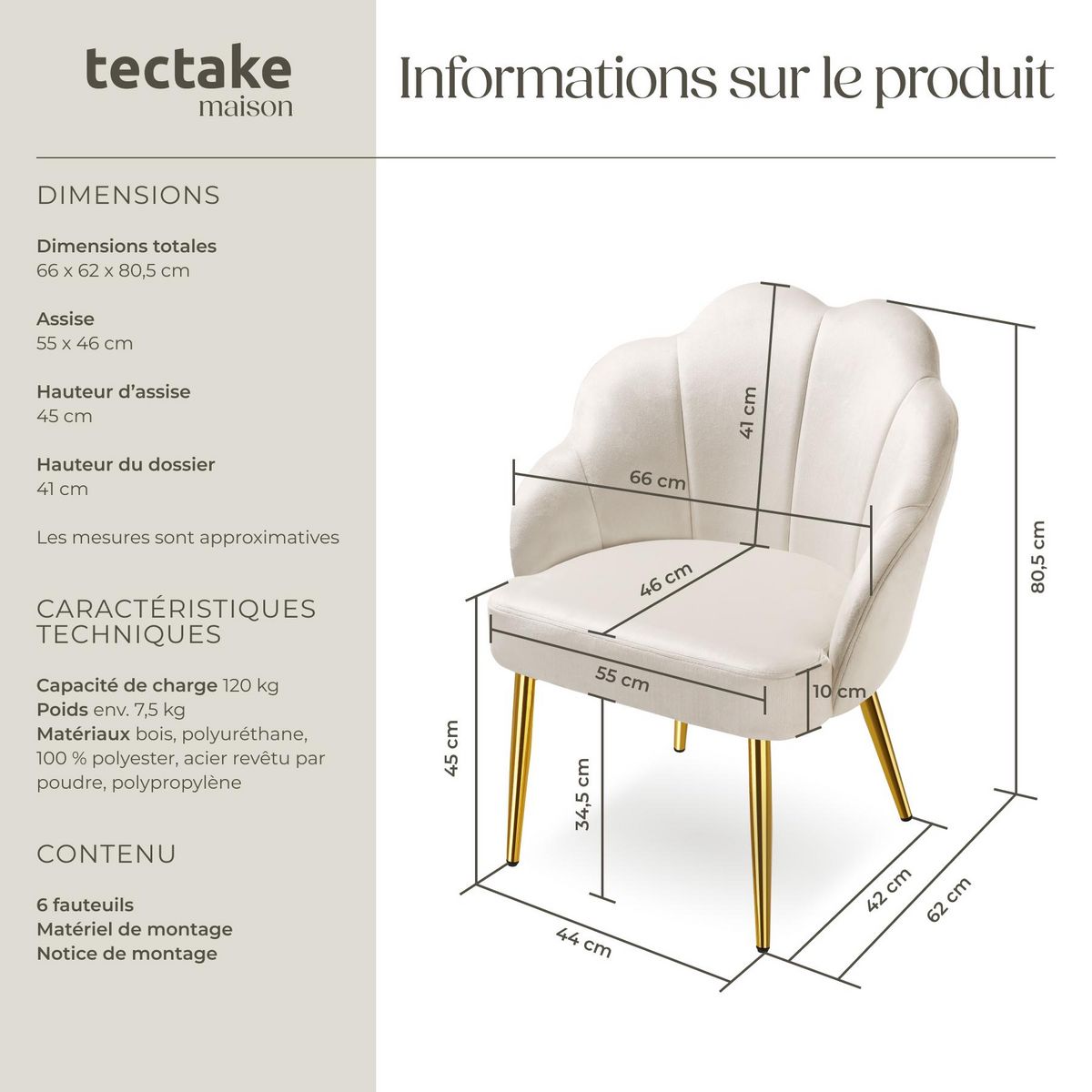 tectake Fauteuil cocktail rembourré en velours crème/or Lot de 6