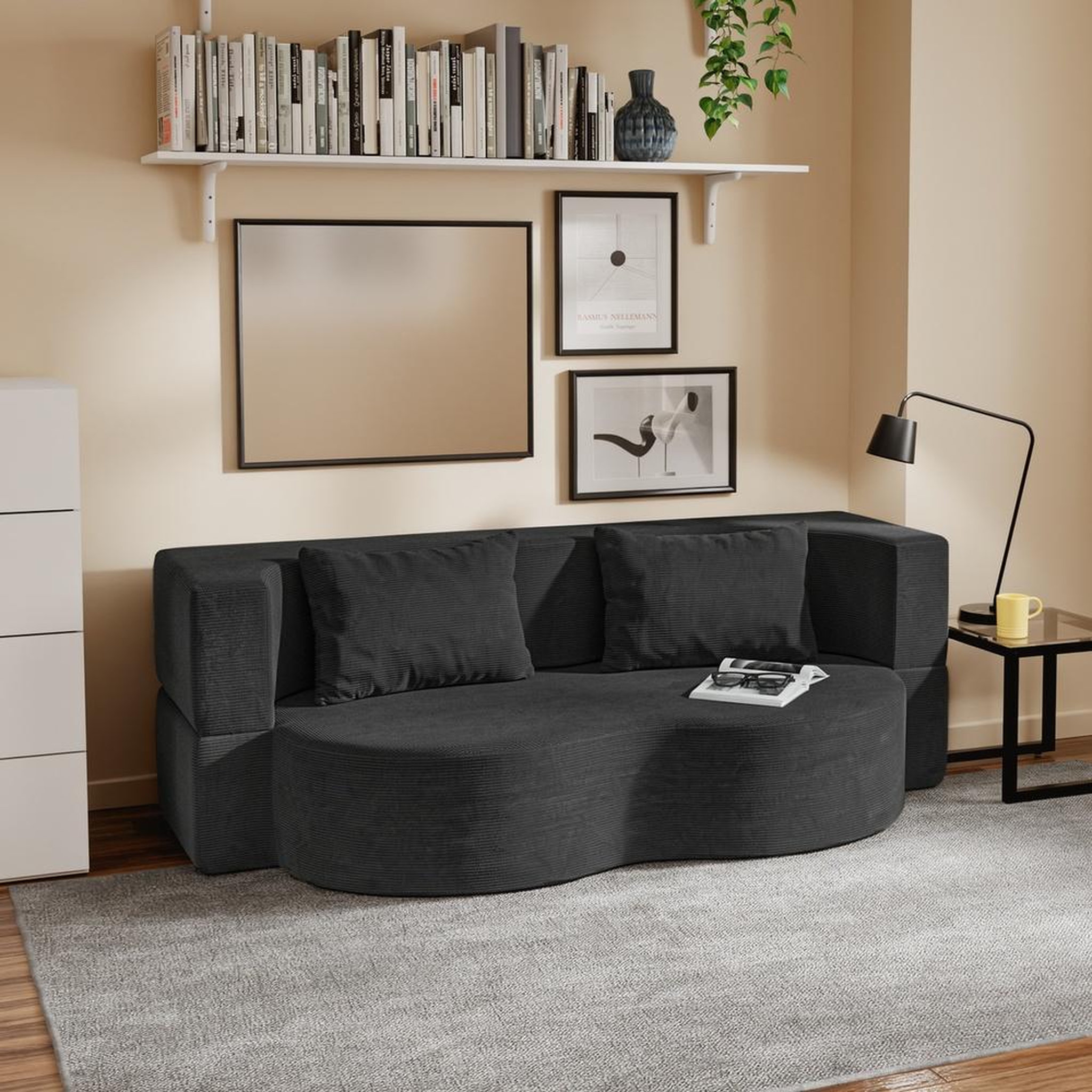 Voir la diapositive 2 : SOBUY Canapé-lit 2 places convertible en velours côtelé noir 177x107x32 cm fst101-sch
