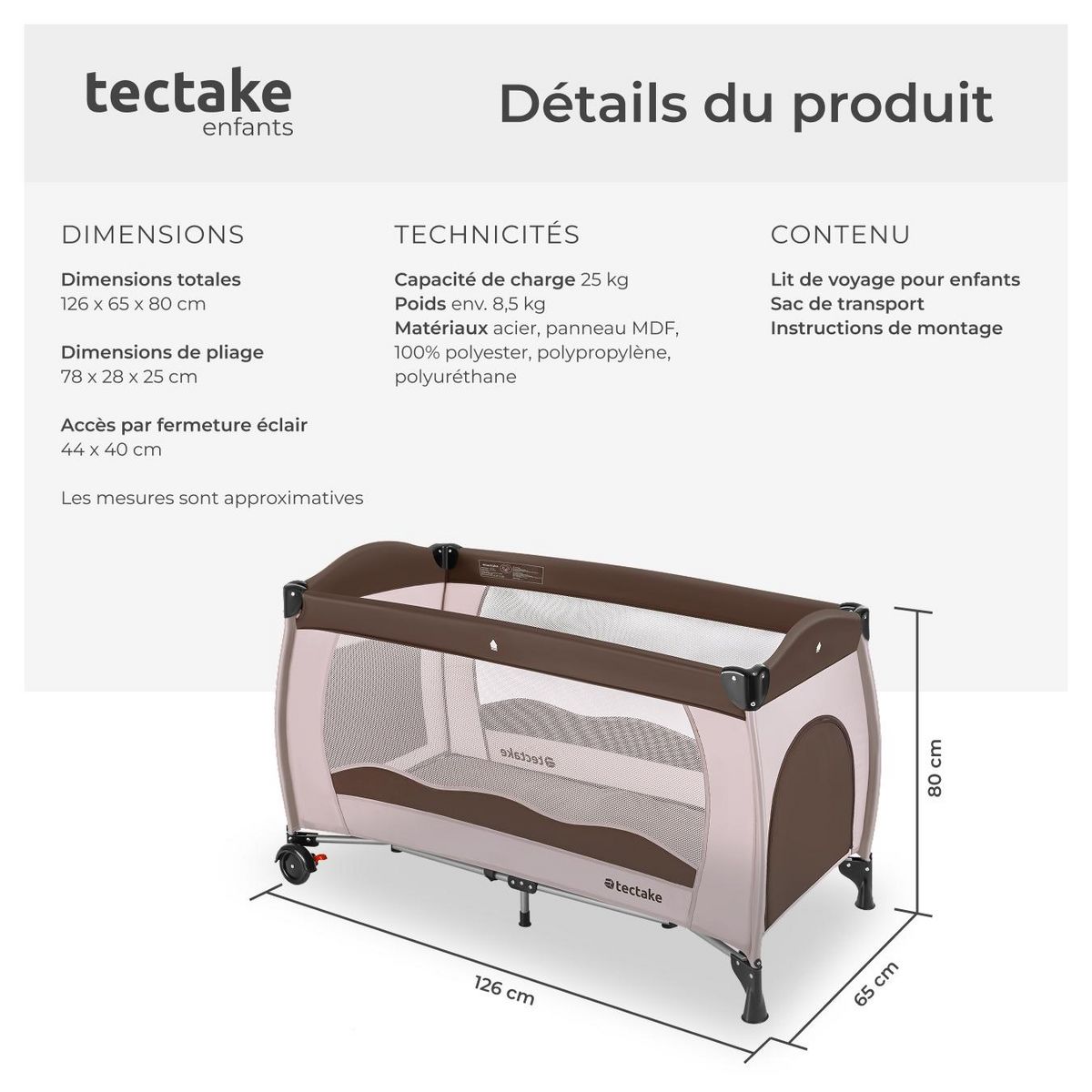 tectake Lit de voyage pour enfants peu encombrant pliable marron café