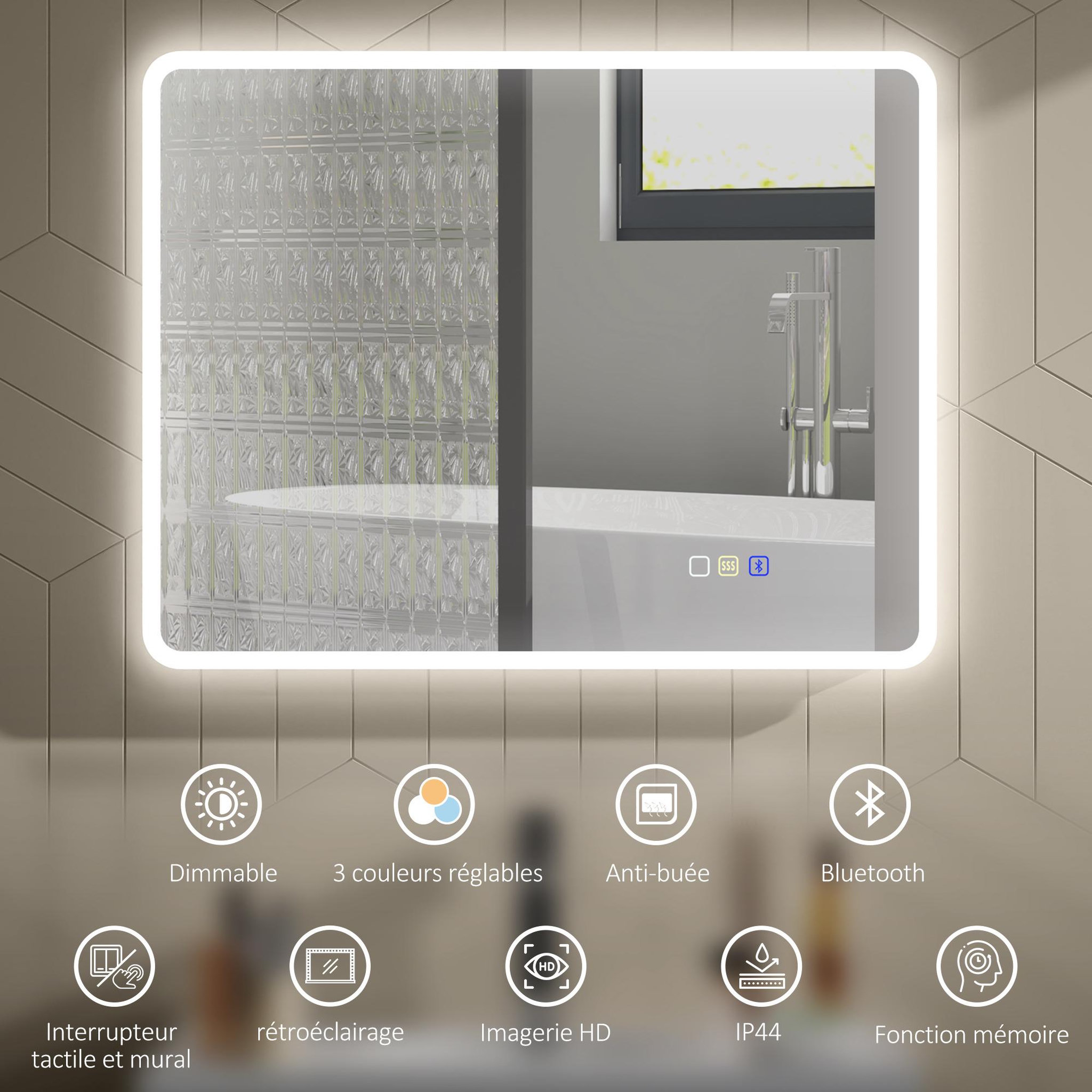 Voir la diapositive 4 : HOMCOM Miroir lumineux led salle de bain 90 x 70 cm bluetooth interrupteur tactile lumière réglable 3 couleurs fonction anti-buée et mémoire