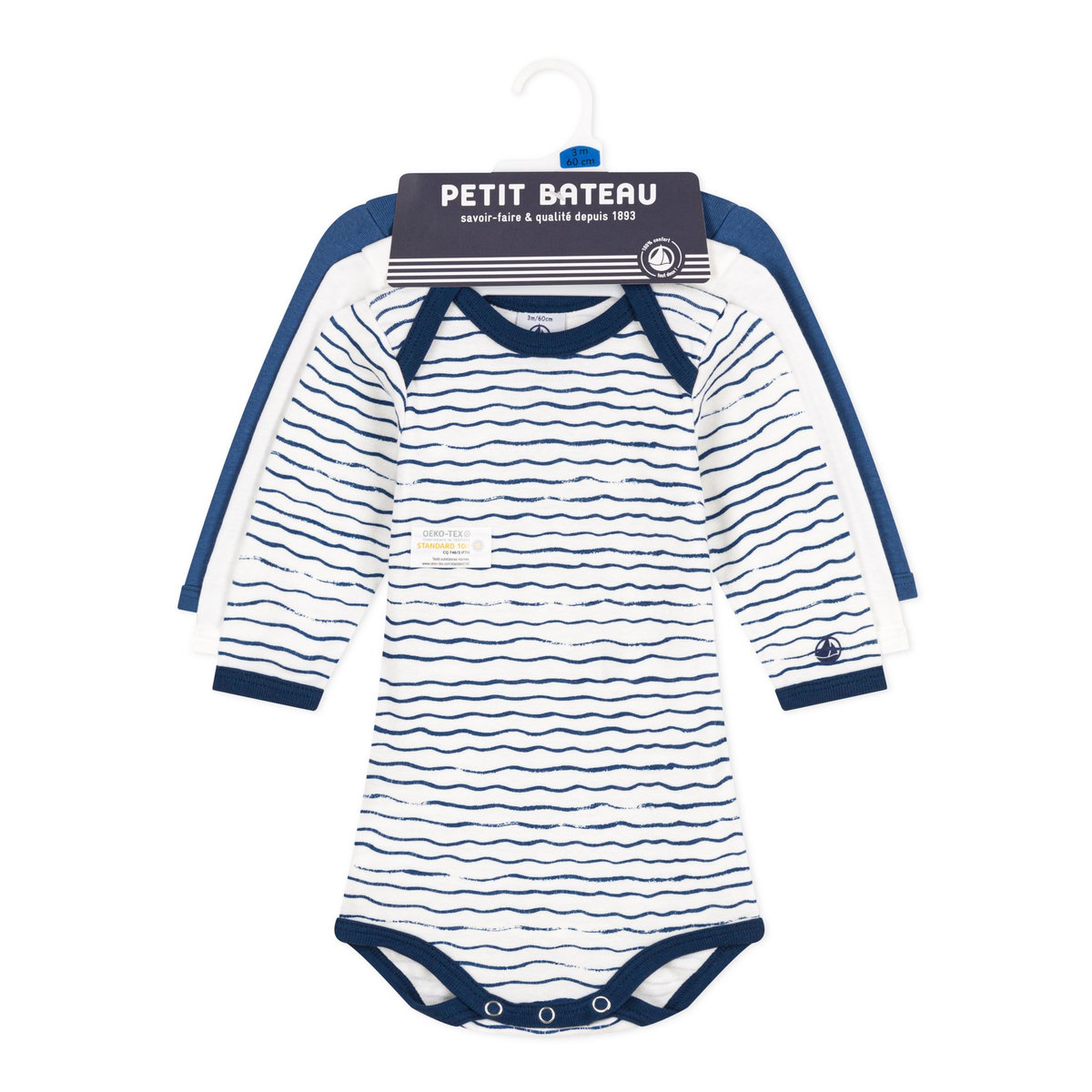 PETIT BATEAU Lot de 3 bodies manches longues bébé garçon 