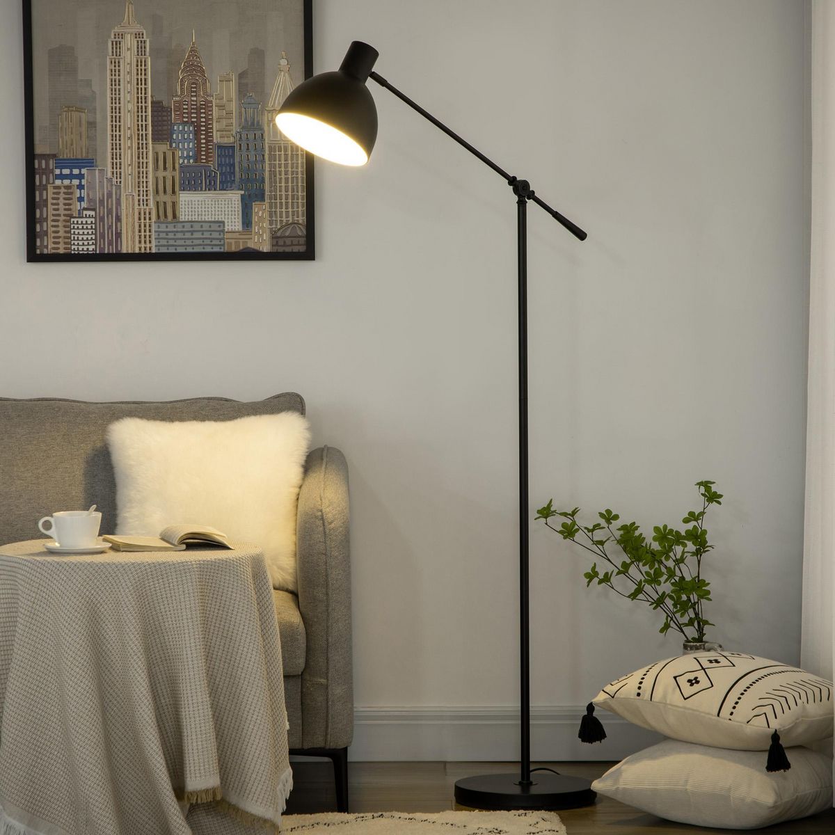 HOMCOM Lampadaire sur pied salon bureau 40W E27 - hauteur réglable, abat-jour et bras orientable - acier noir