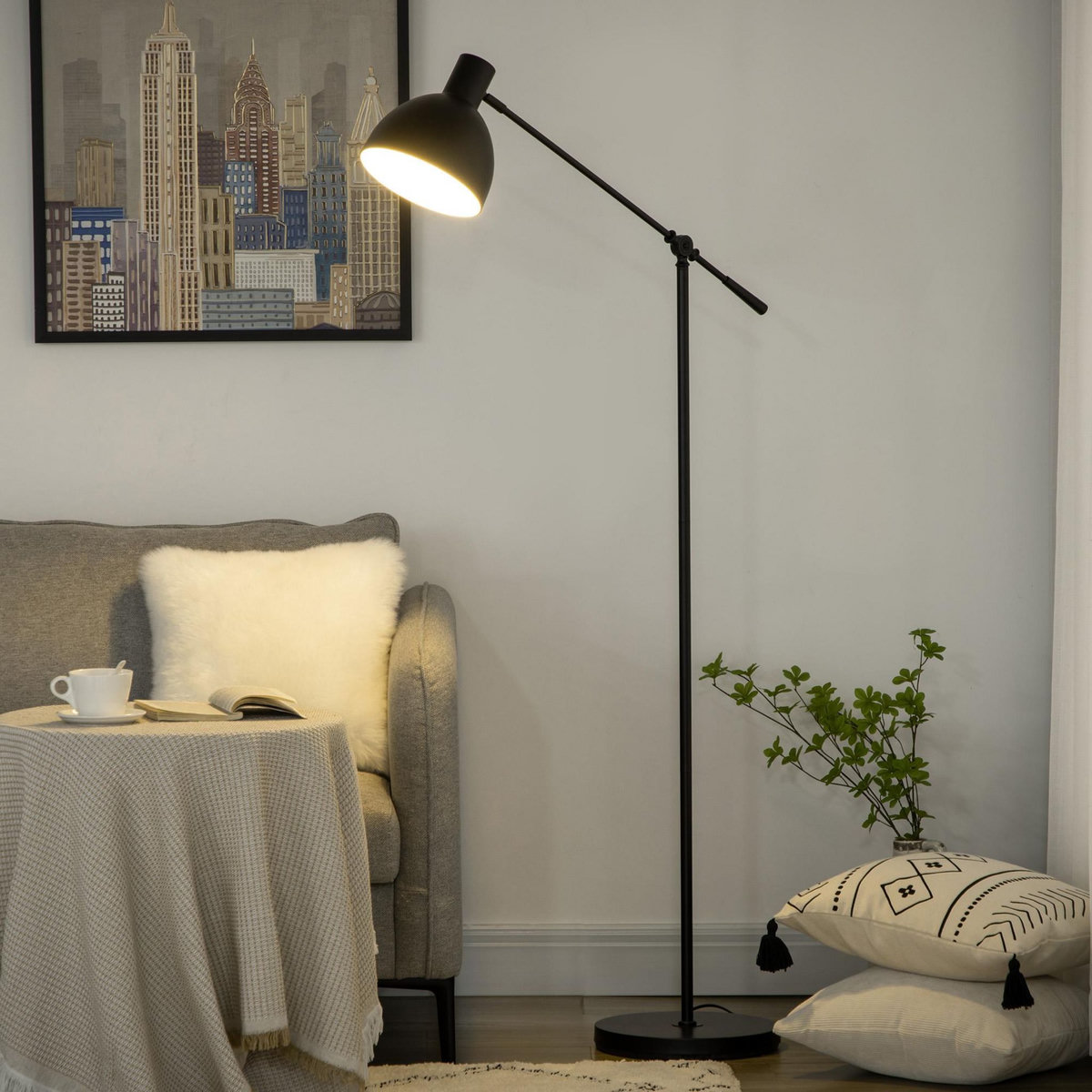 HOMCOM Lampadaire sur pied salon bureau 40W E27 - hauteur réglable, abat-jour et bras orientable - acier noir