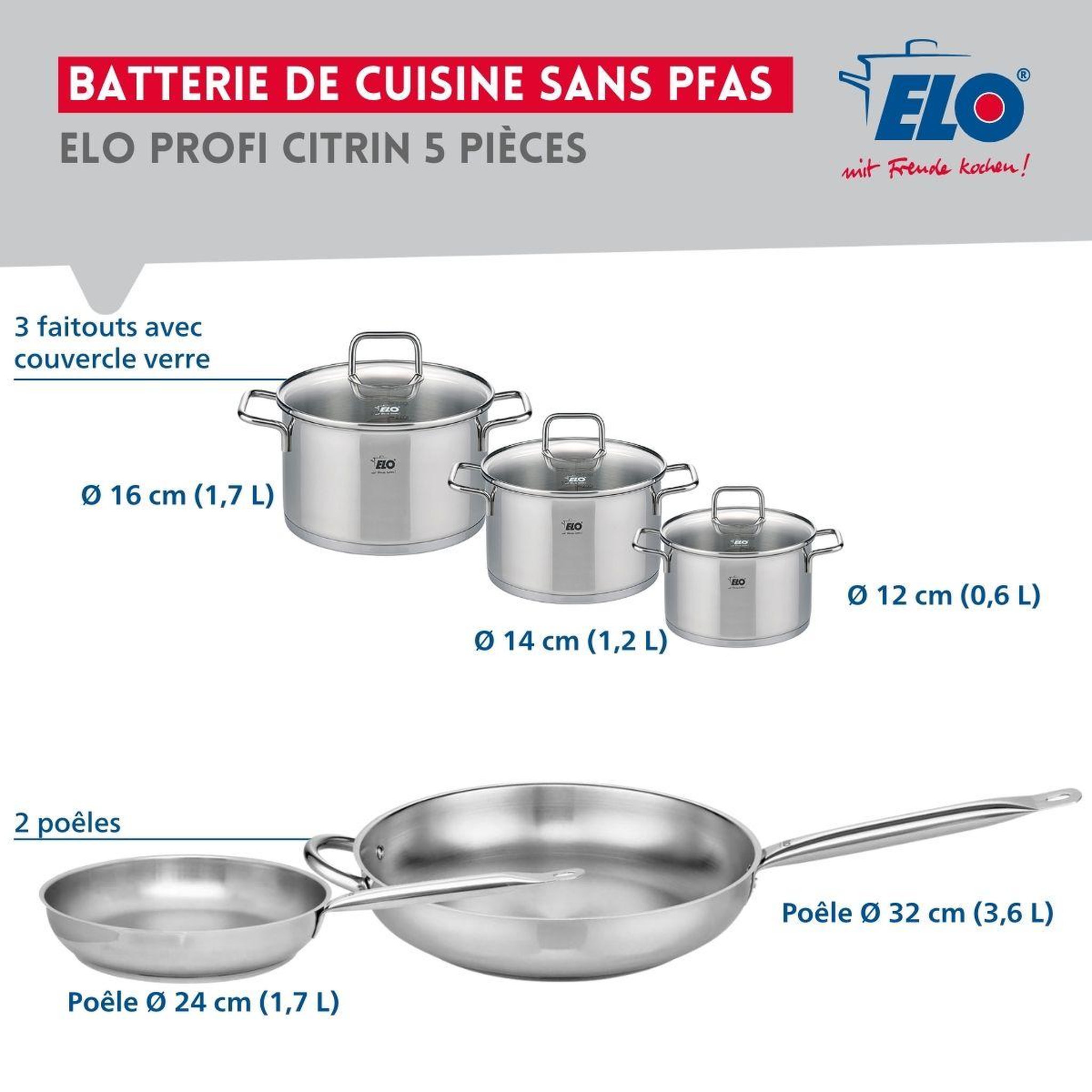 Voir la diapositive 2 : ELO Ensemble de 2 poêles de cuisson 24 et 32 cm et 3 faitouts 12, 14 et 16 cm elo profi citrin